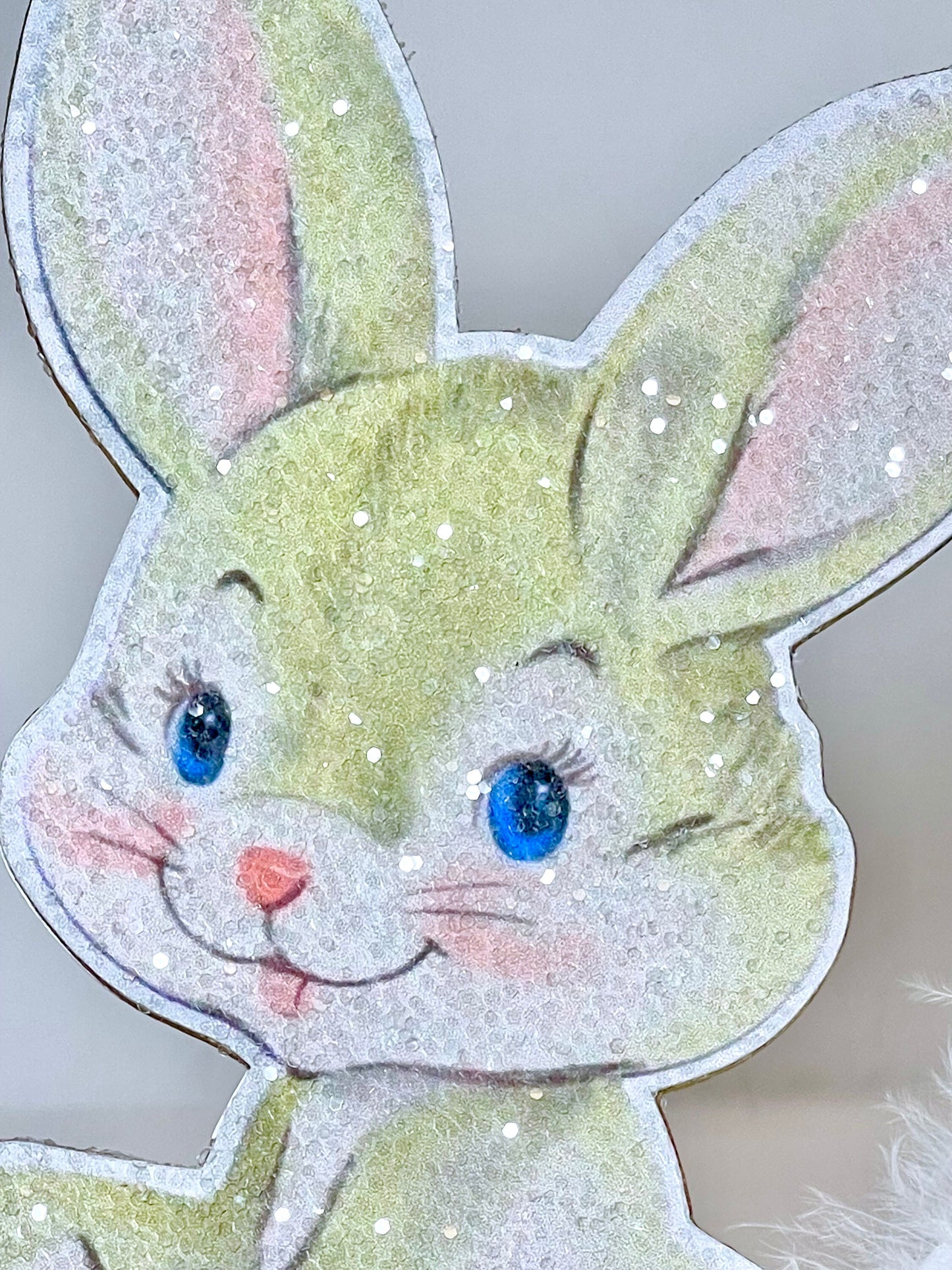 Handmade Easter Bunny Standee Decor w/ Fluffy Tail & Glitter, Cute Spring Shelf Sitter Decor