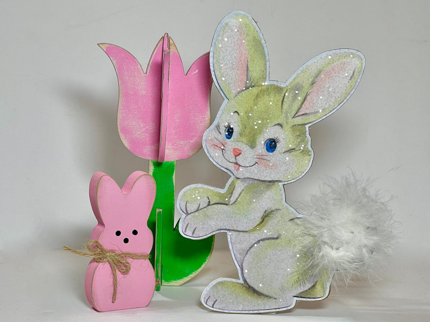 Handmade Easter Bunny Standee Decor w/ Fluffy Tail & Glitter, Cute Spring Shelf Sitter Decor