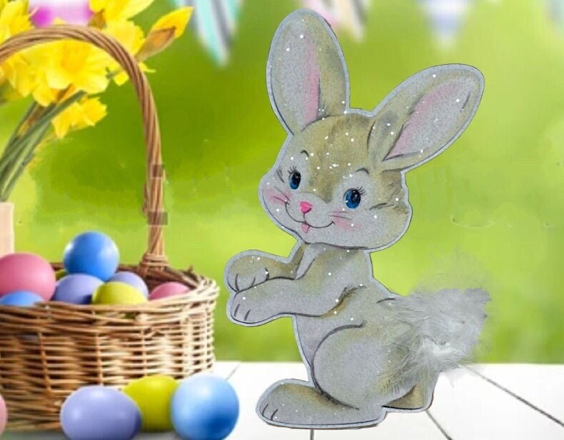 Handmade Easter Bunny Standee Decor w/ Fluffy Tail & Glitter, Cute Spring Shelf Sitter Decor
