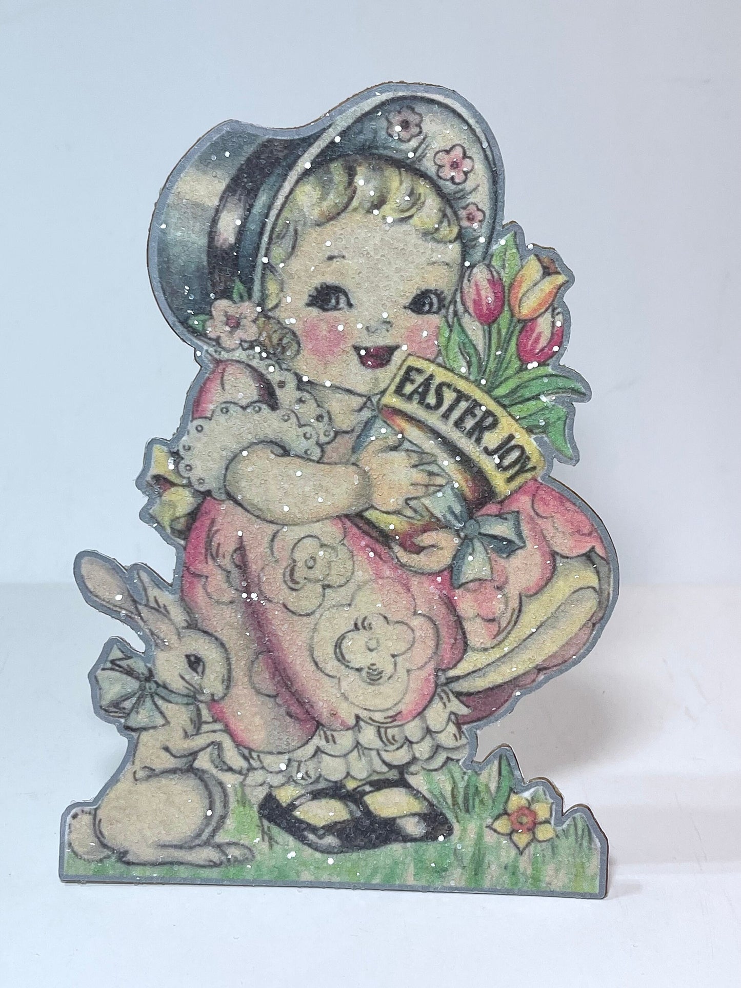 Handmade Easter Bunny Standee Decor w/ Fluffy Tail & Glitter, Cute Spring Shelf Sitter Decor
