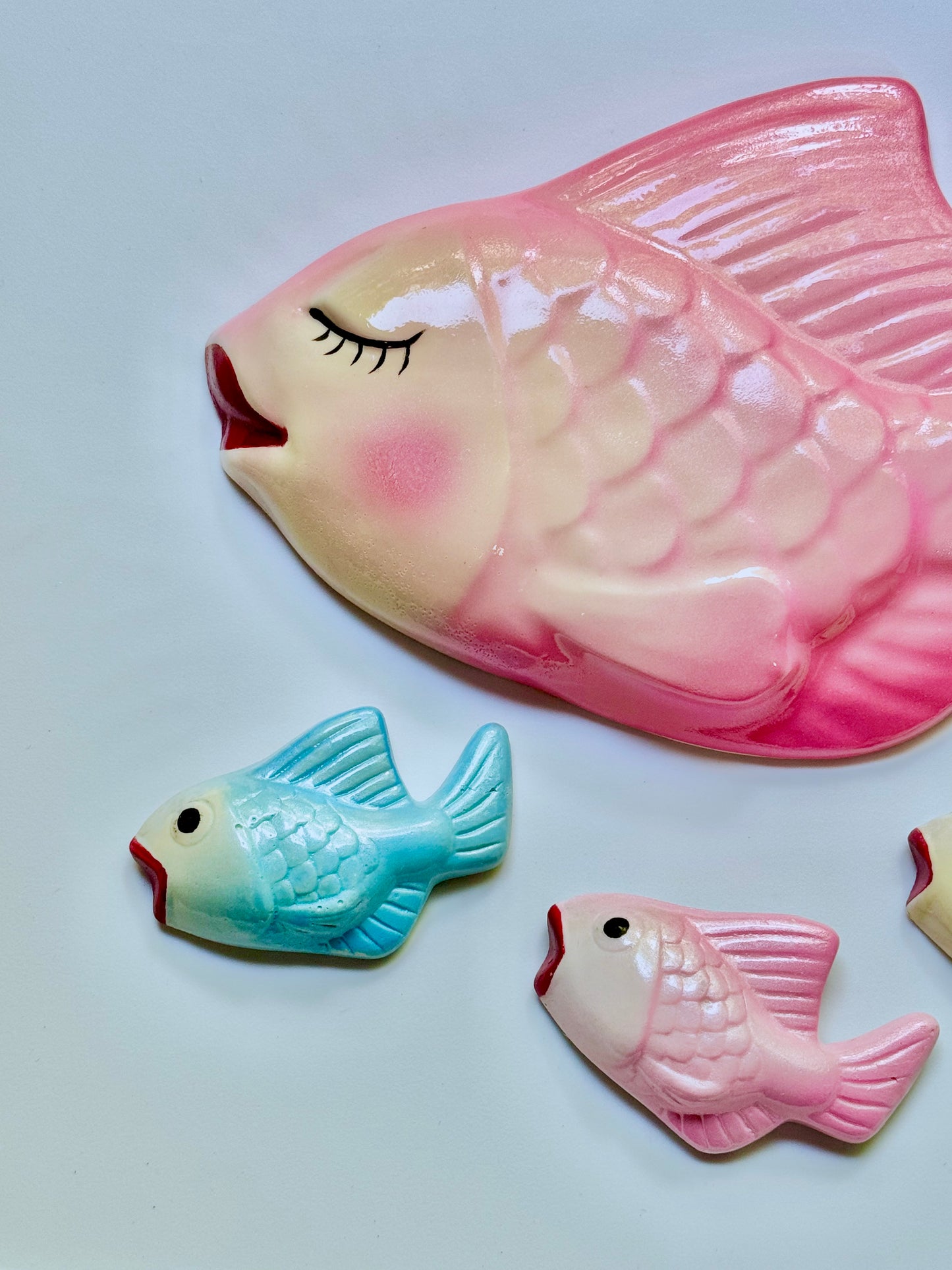 Pastel Mid Century Style Chalkware Fish Wall Art Plaques For Bathroom or Beach House, Great Mid Century Style Decor