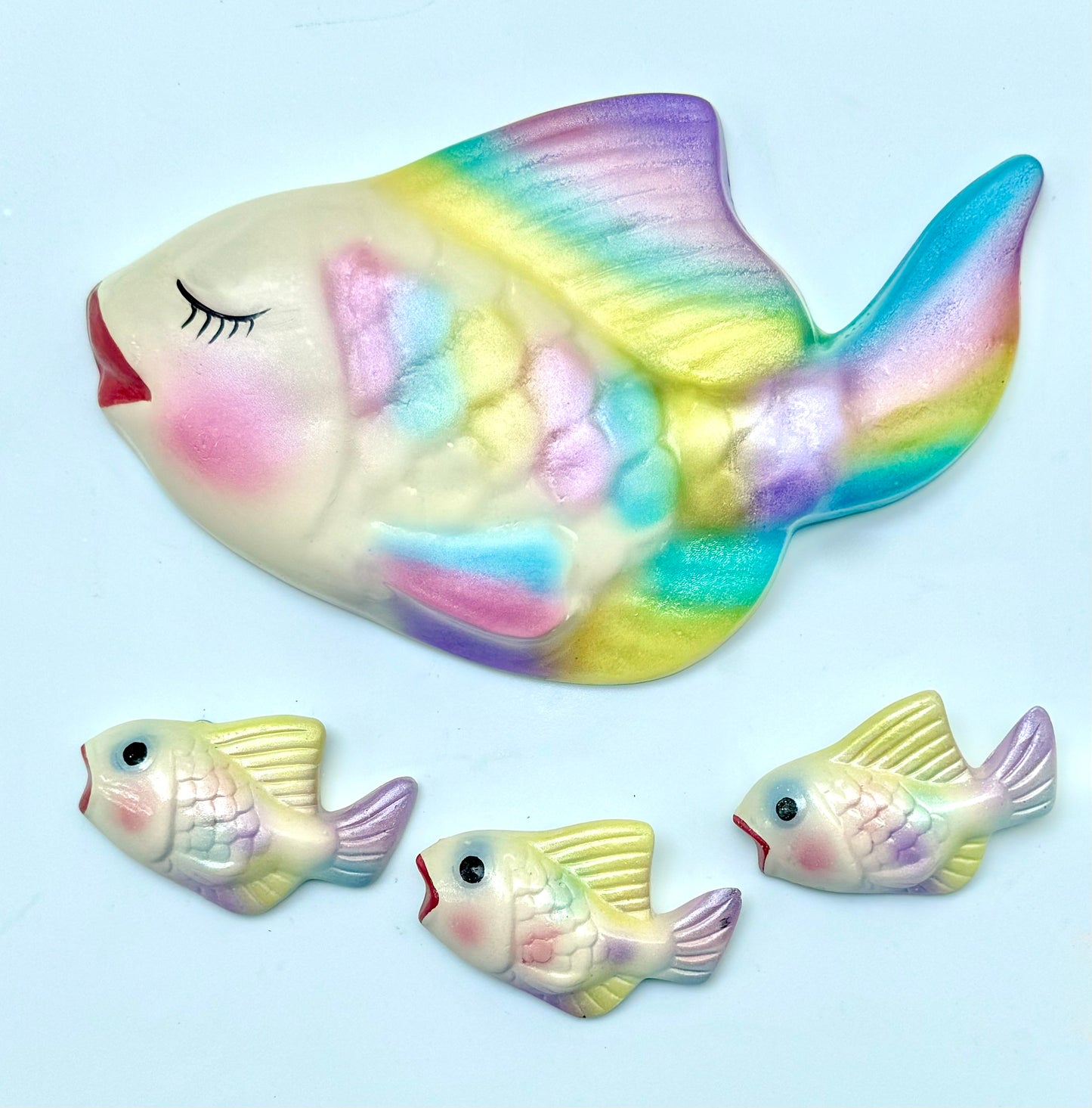 Retro Style Chalkware Fish Wall Art Plaques in Rainbow, Mid century Style Decor