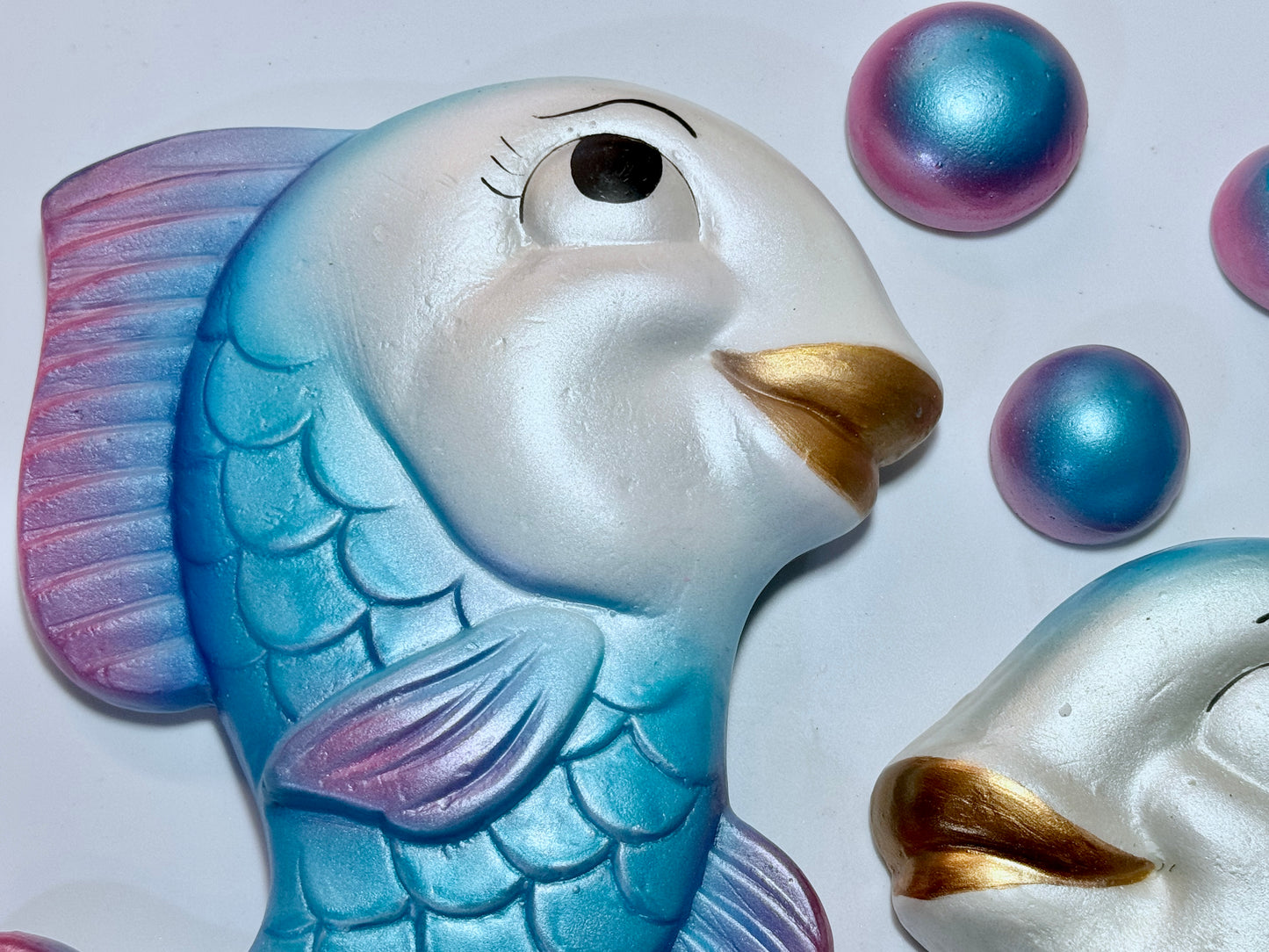Vintage Style Fish & Bubble Chalkware Wall Art-- Fun Anthropomorphic Wall Plaques