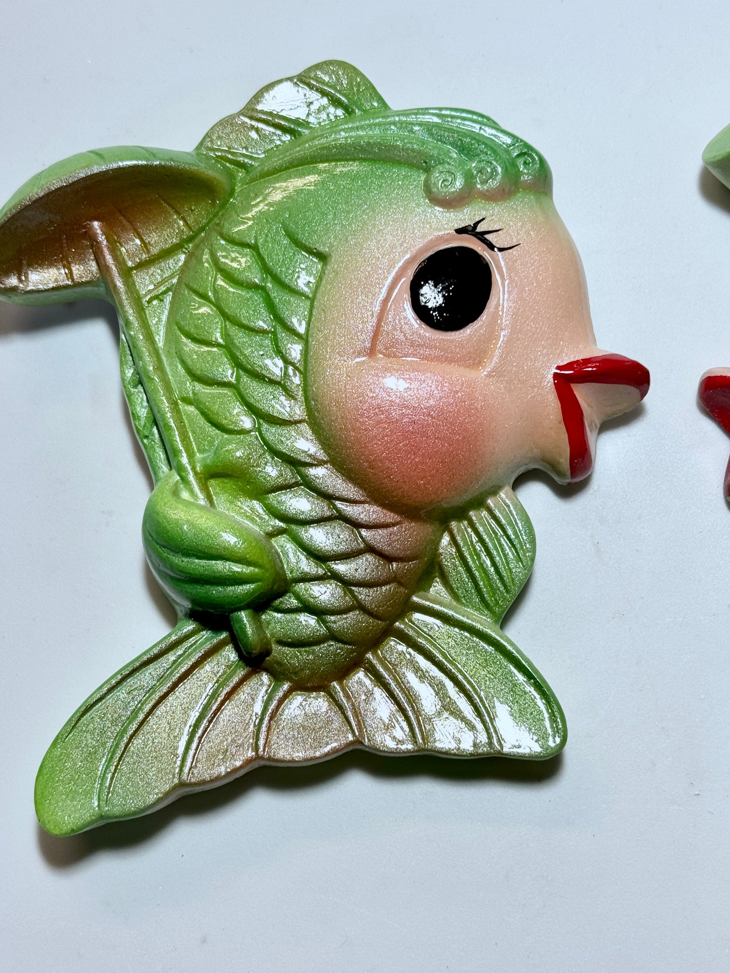 Kitschy Green Anthropomorphic Vintage Style Chalkware Fish Wall Plaques of Mr & Mrs Fish