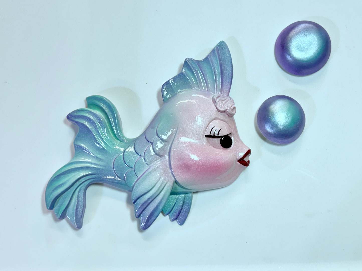 Mid Century Style Anthropomorphic Chalkware Wall Art Fish & Bubbles Set