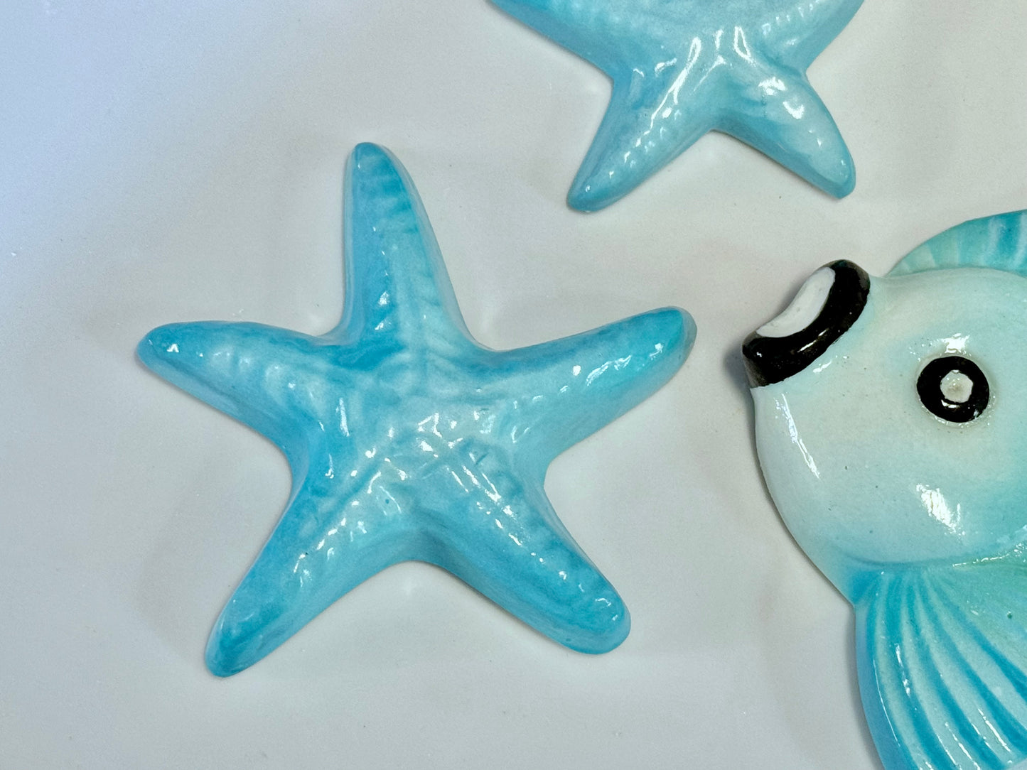 Blue Vintage Style Chalkware Goldfish/ Koi Wall Plaque set w/ Starfish, Kitschy Mid Century Look