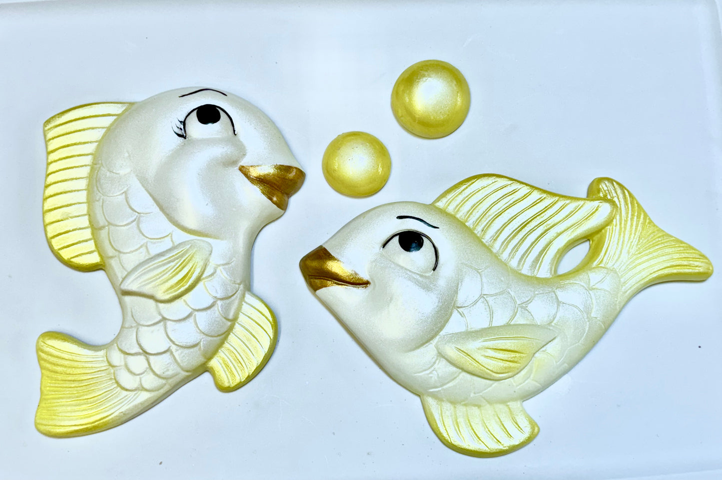 Kitschy Yellow Chalkware Fish & Bubbles-- Fun Anthropomorphic Wall Plaques