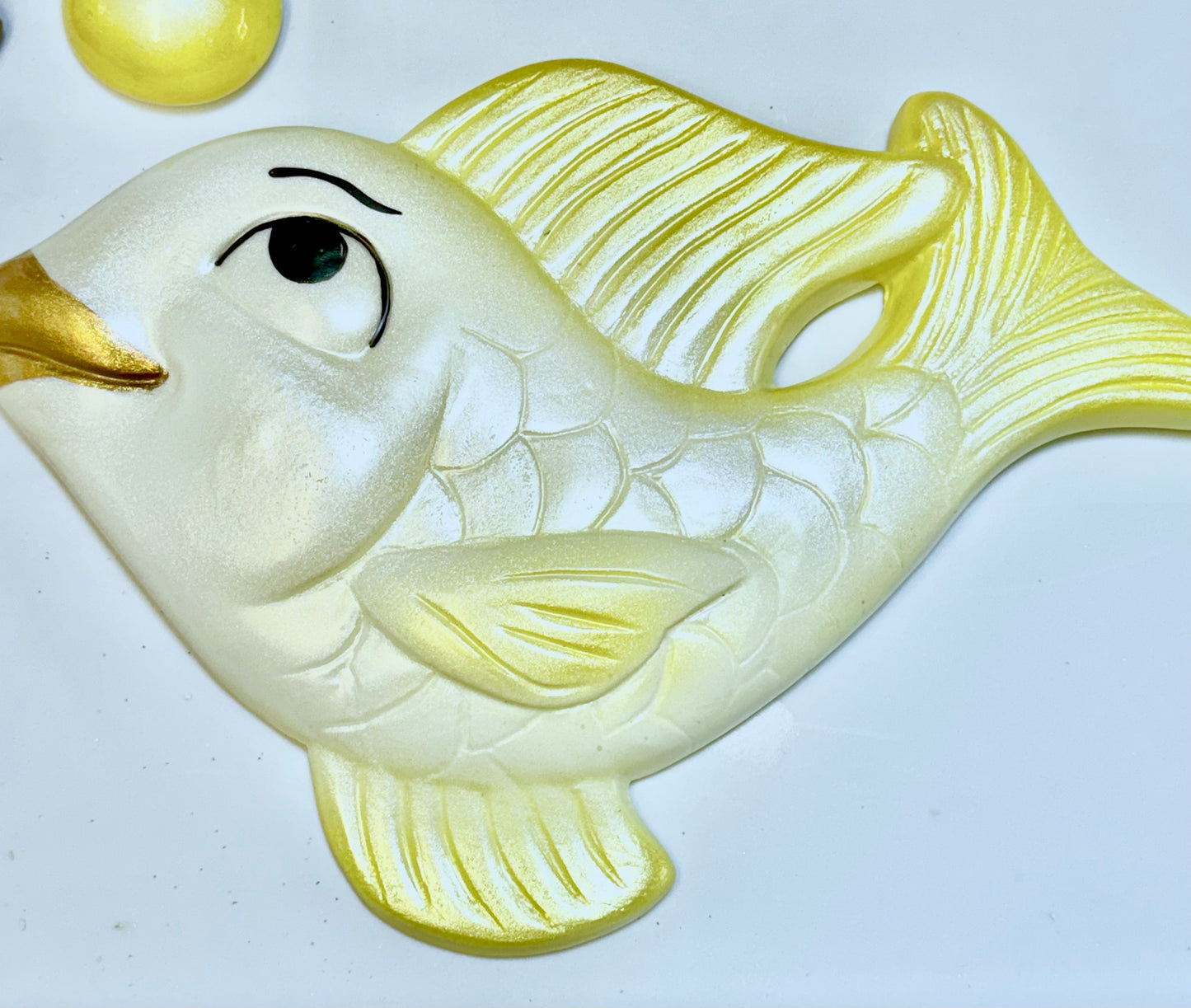 Kitschy Yellow Chalkware Fish & Bubbles-- Fun Anthropomorphic Wall Plaques