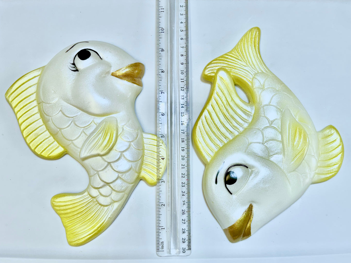 Kitschy Yellow Chalkware Fish & Bubbles-- Fun Anthropomorphic Wall Plaques