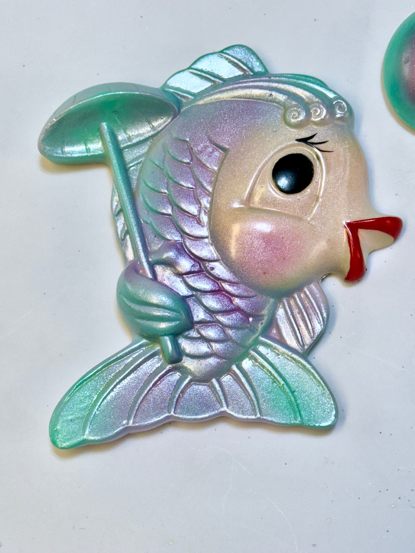 Kitschy Purple & Green Anthropomorphic Vintage Style Chalkware Fish Wall Plaques of Mr & Mrs Fish