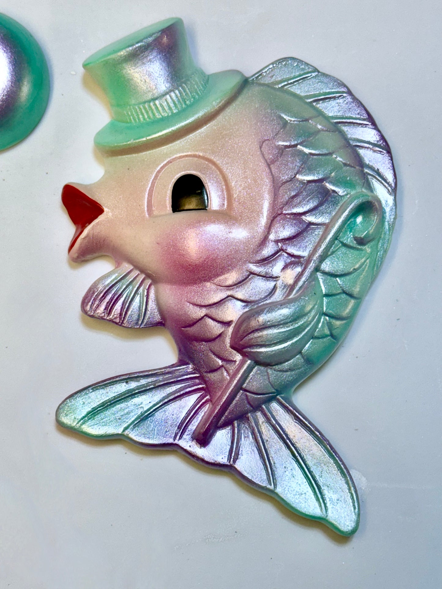 Kitschy Purple & Green Anthropomorphic Vintage Style Chalkware Fish Wall Plaques of Mr & Mrs Fish