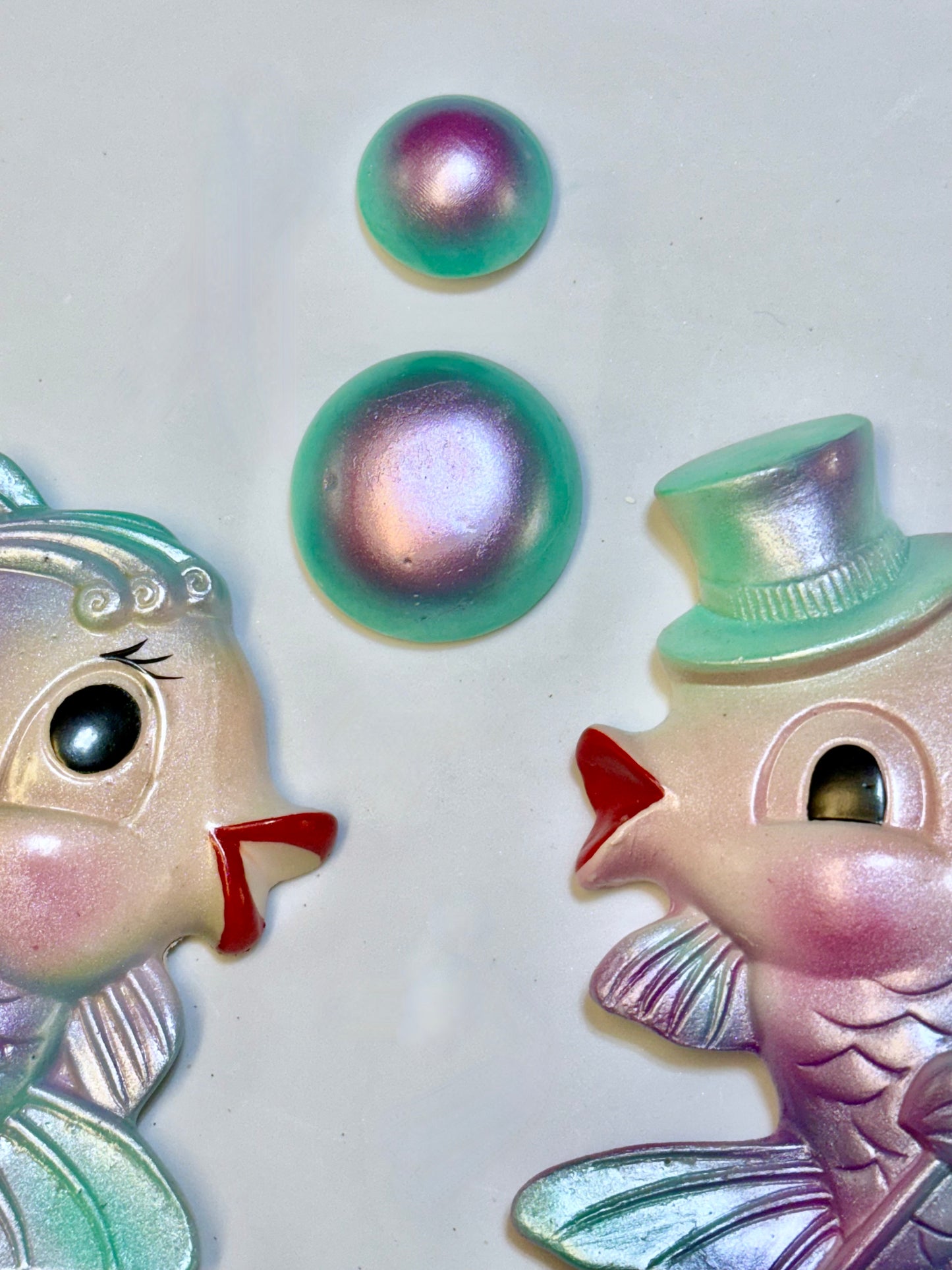 Kitschy Purple & Green Anthropomorphic Vintage Style Chalkware Fish Wall Plaques of Mr & Mrs Fish