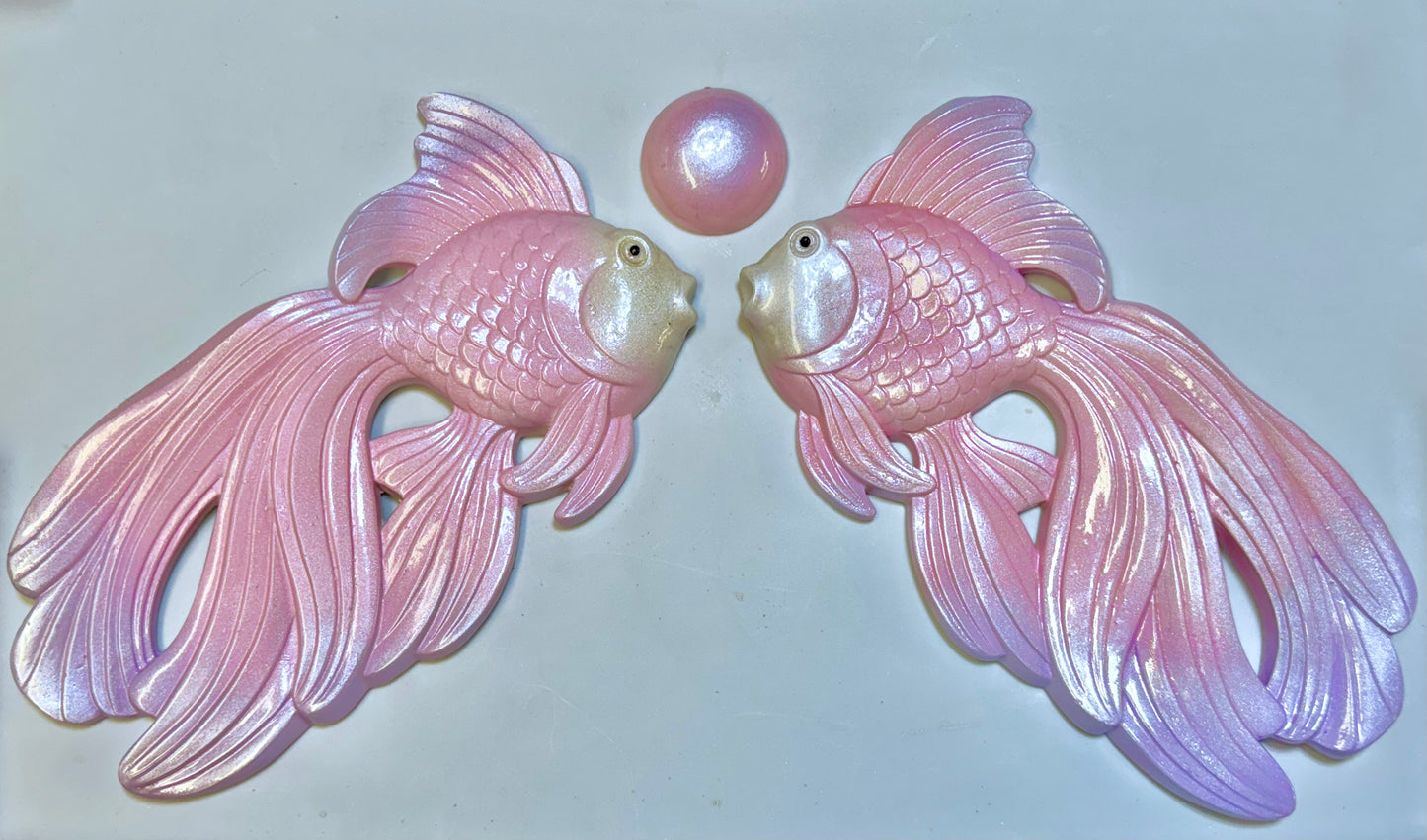 Large Pink & Purple Vintage Style Chalkware Goldfish/ Koi Wall Plaque set w/ Bubble, Kitschy Mid Century Decor