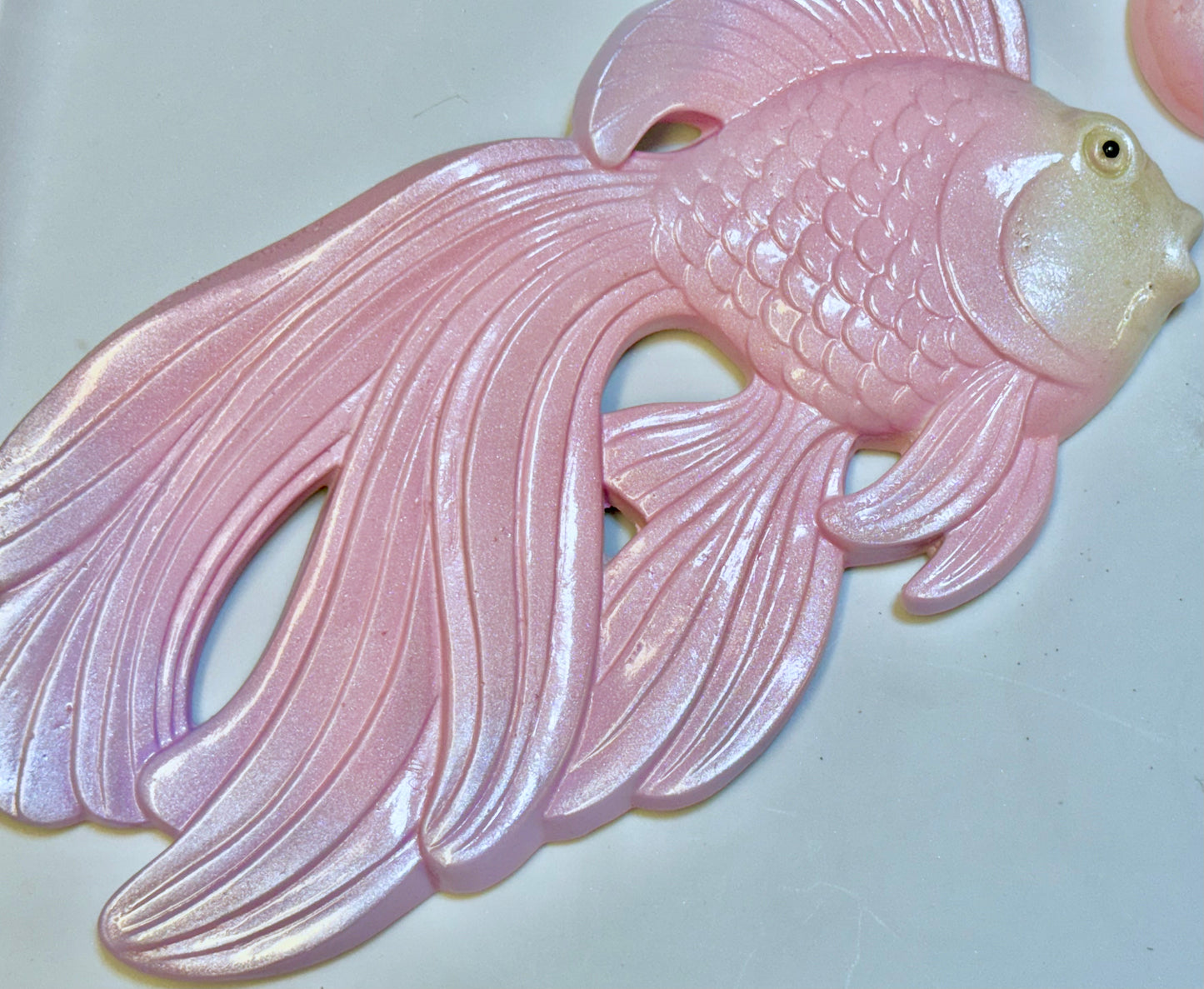 Large Pink & Purple Vintage Style Chalkware Goldfish/ Koi Wall Plaque set w/ Bubble, Kitschy Mid Century Decor