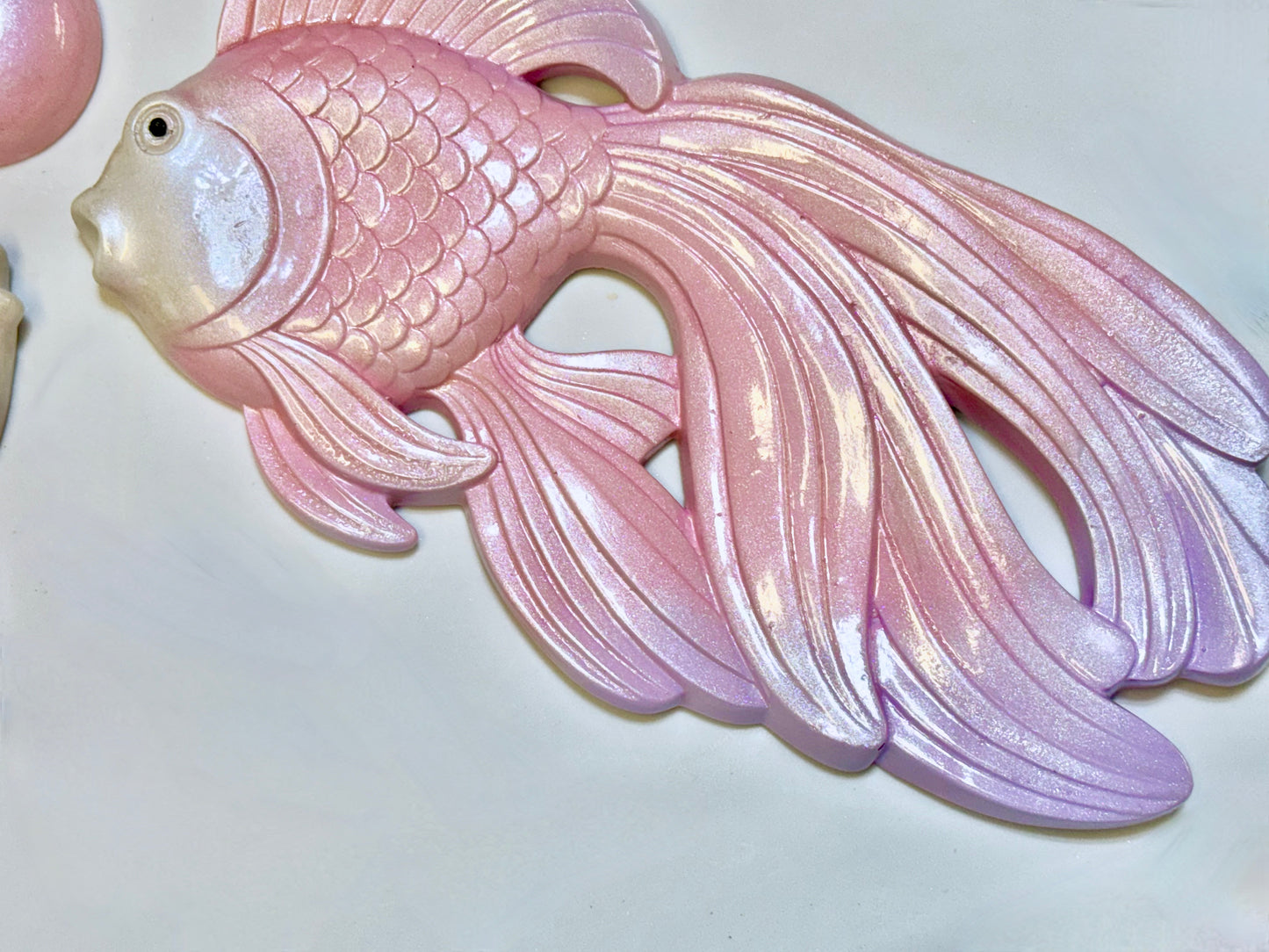 Large Pink & Purple Vintage Style Chalkware Goldfish/ Koi Wall Plaque set w/ Bubble, Kitschy Mid Century Decor
