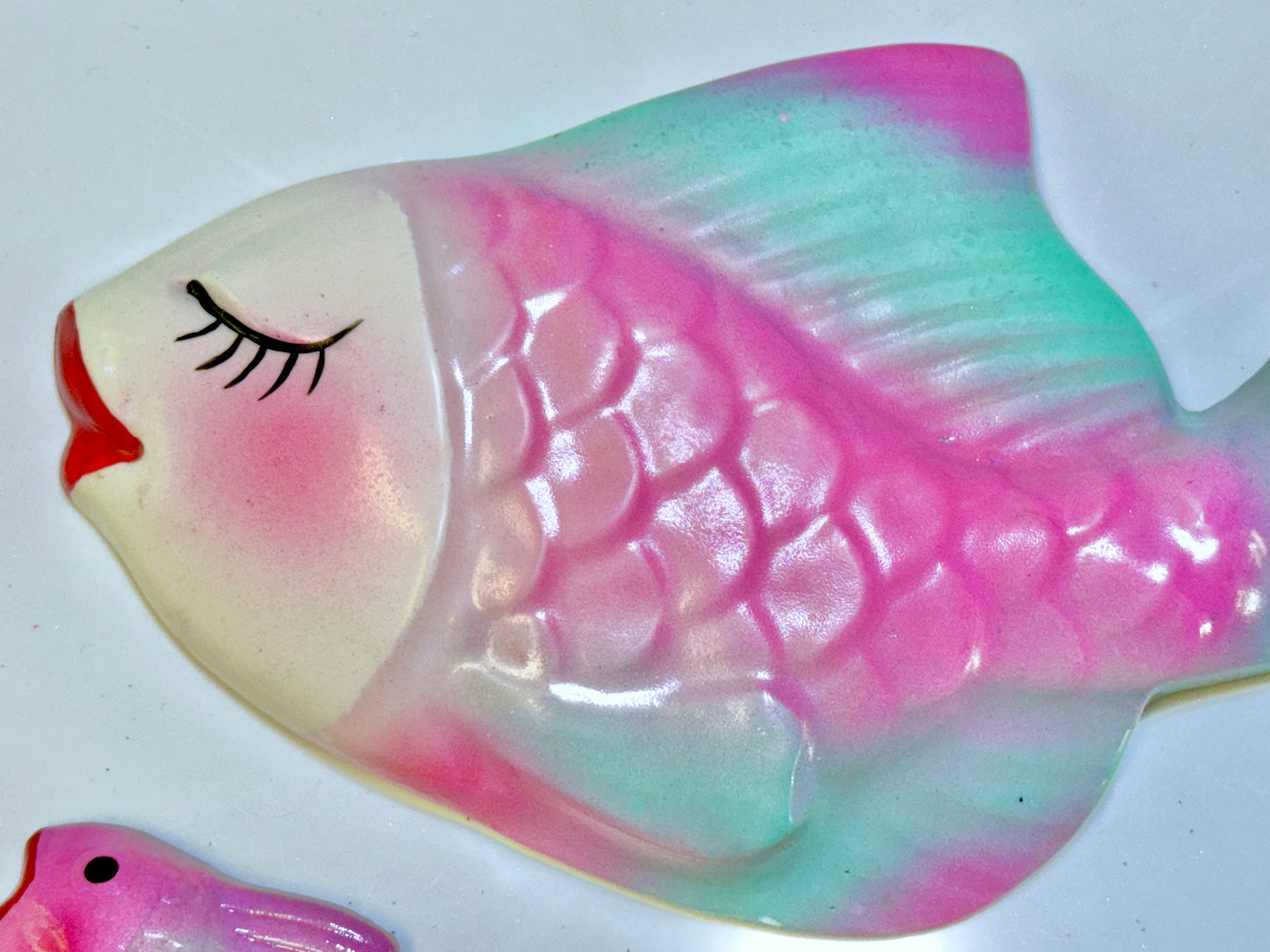 Pink & Teal Mid Century Style Chalkware Fish Wall Art Plaques For Bathroom or Beach House, Great Mid Century Style Decor