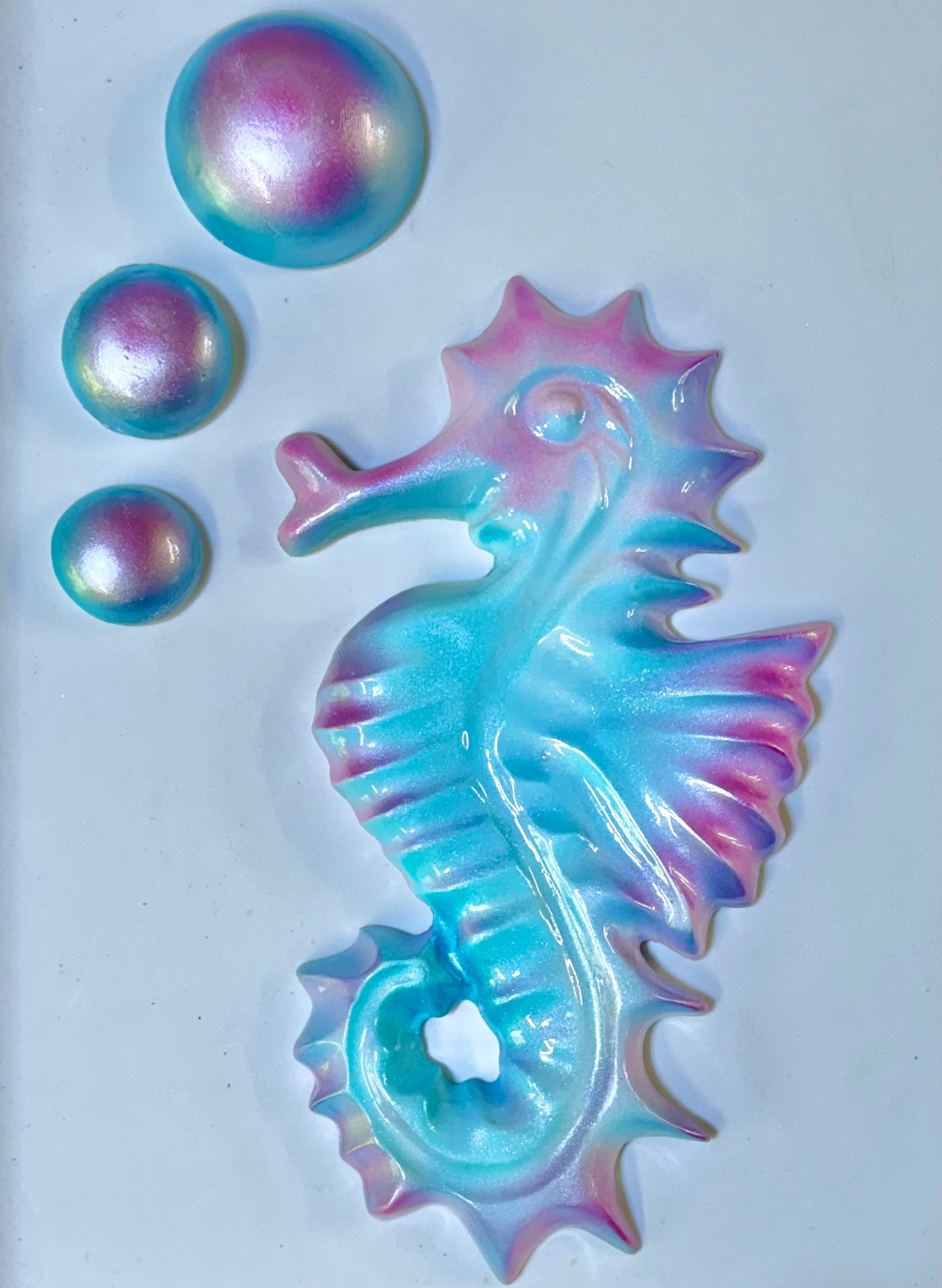 Pink & Blue Mid-Century Style Chalkware Seahorse & Bubbles Wall Art Plaques, Large