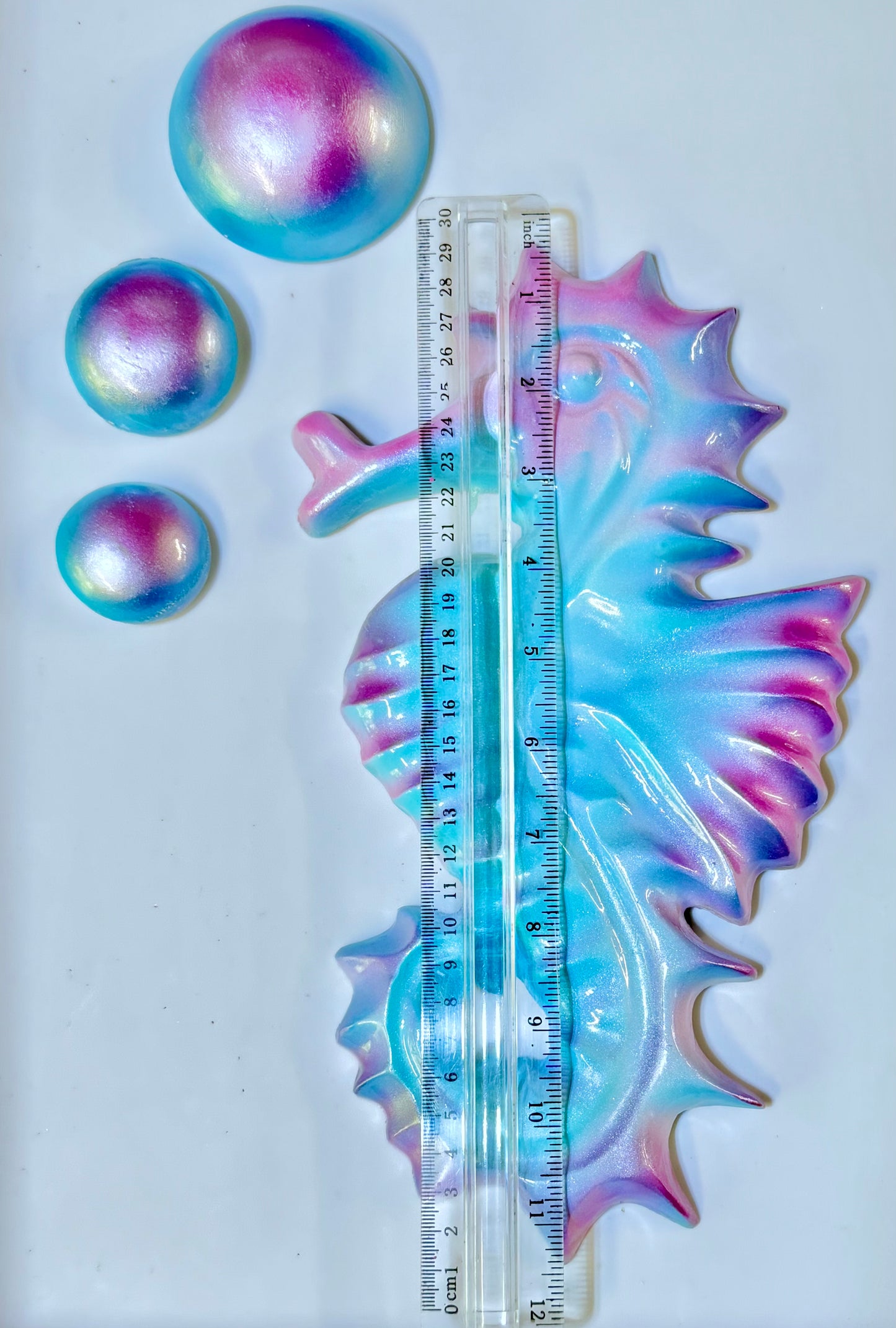 Pink & Blue Mid-Century Style Chalkware Seahorse & Bubbles Wall Art Plaques, Large