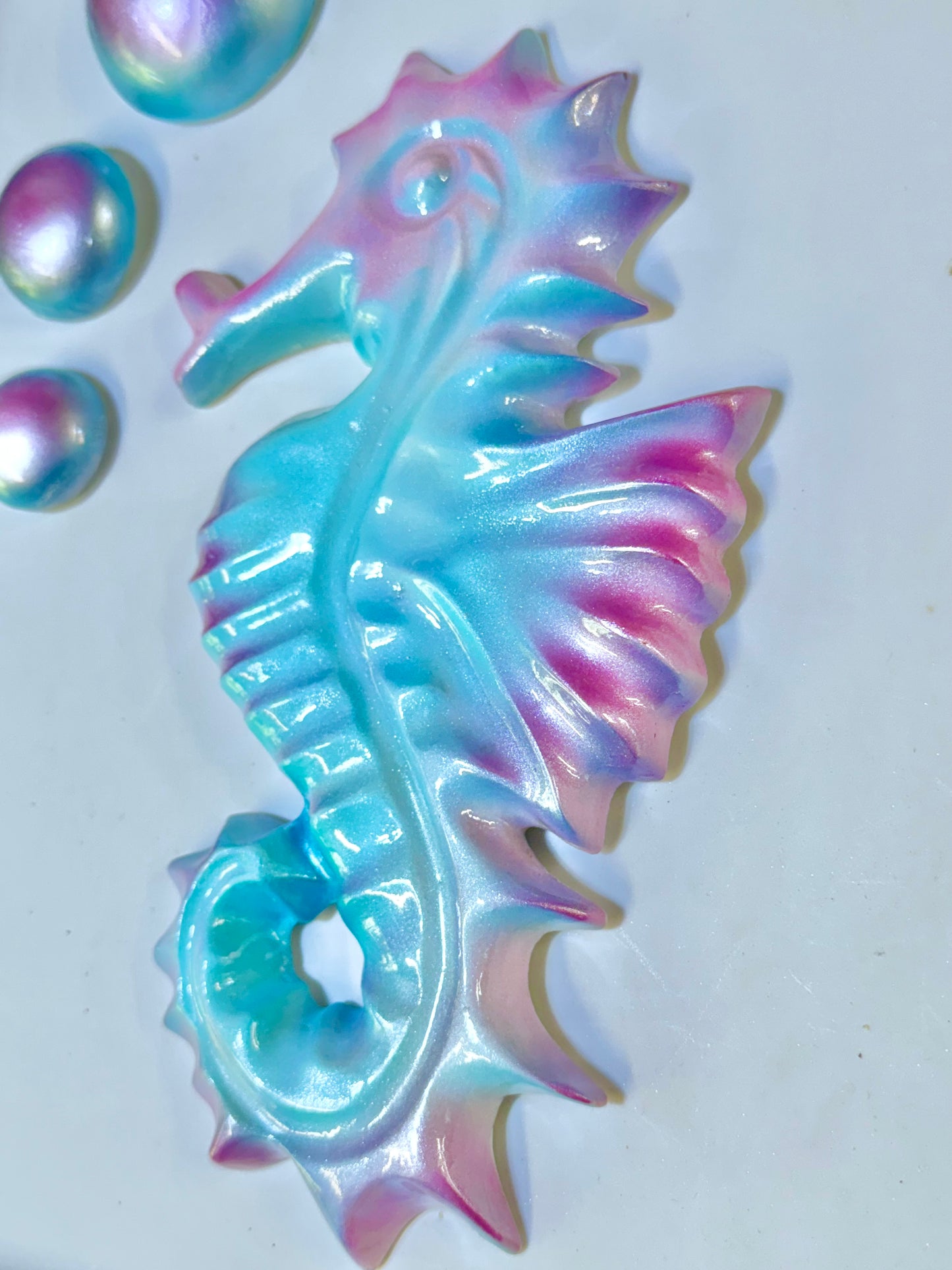 Pink & Blue Mid-Century Style Chalkware Seahorse & Bubbles Wall Art Plaques, Large