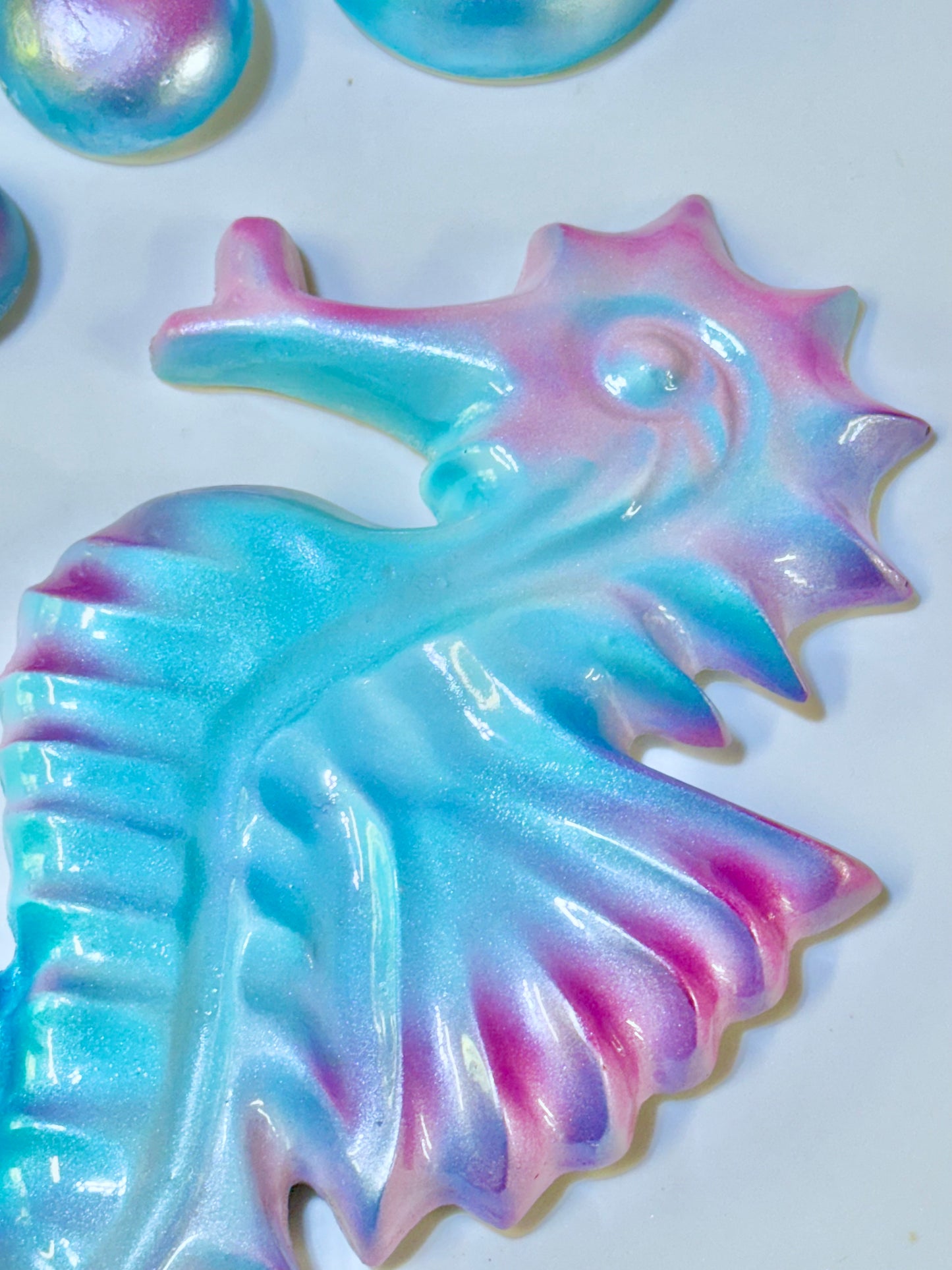 Pink & Blue Mid-Century Style Chalkware Seahorse & Bubbles Wall Art Plaques, Large