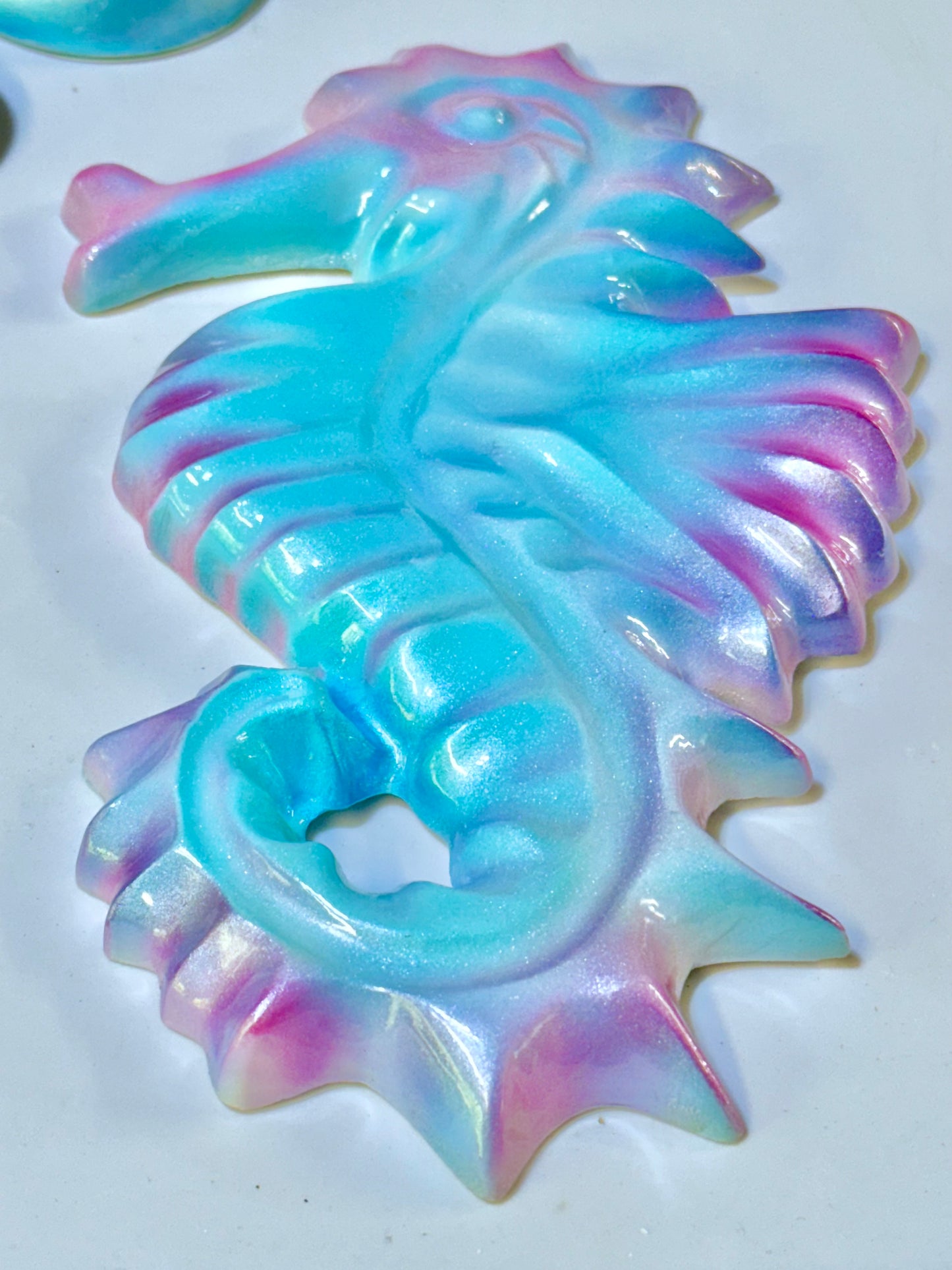 Pink & Blue Mid-Century Style Chalkware Seahorse & Bubbles Wall Art Plaques, Large