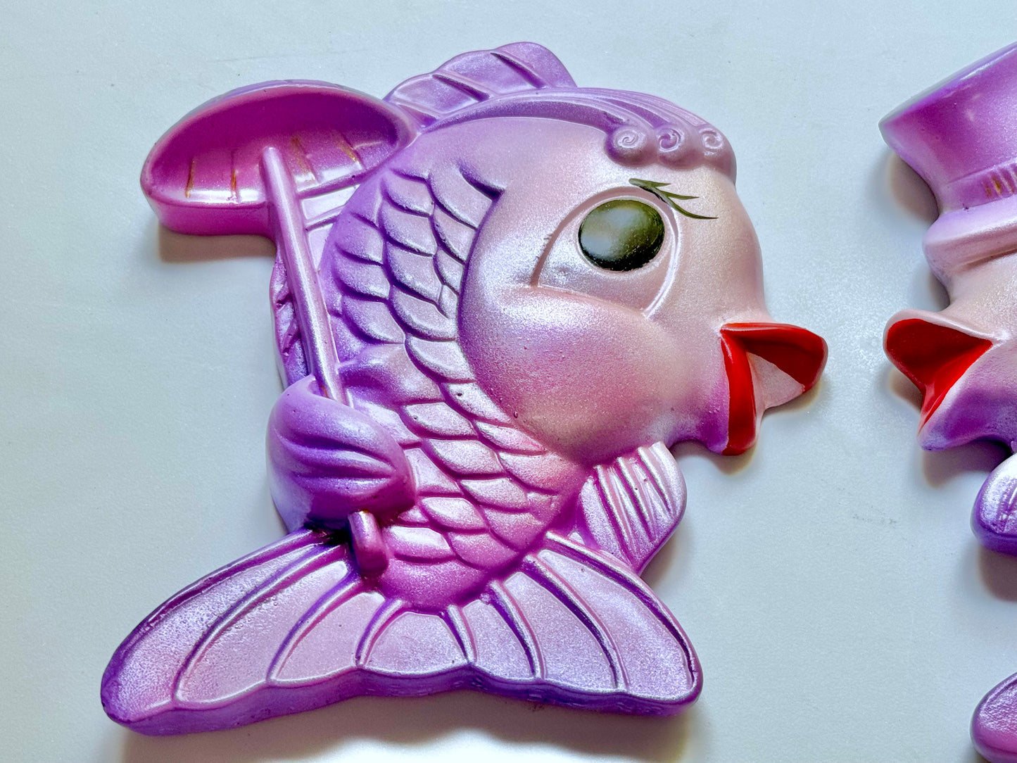 Kitschy Purple & Pink Anthropomorphic Vintage Style Chalkware Fish Wall Plaques of Mr & Mrs Fish