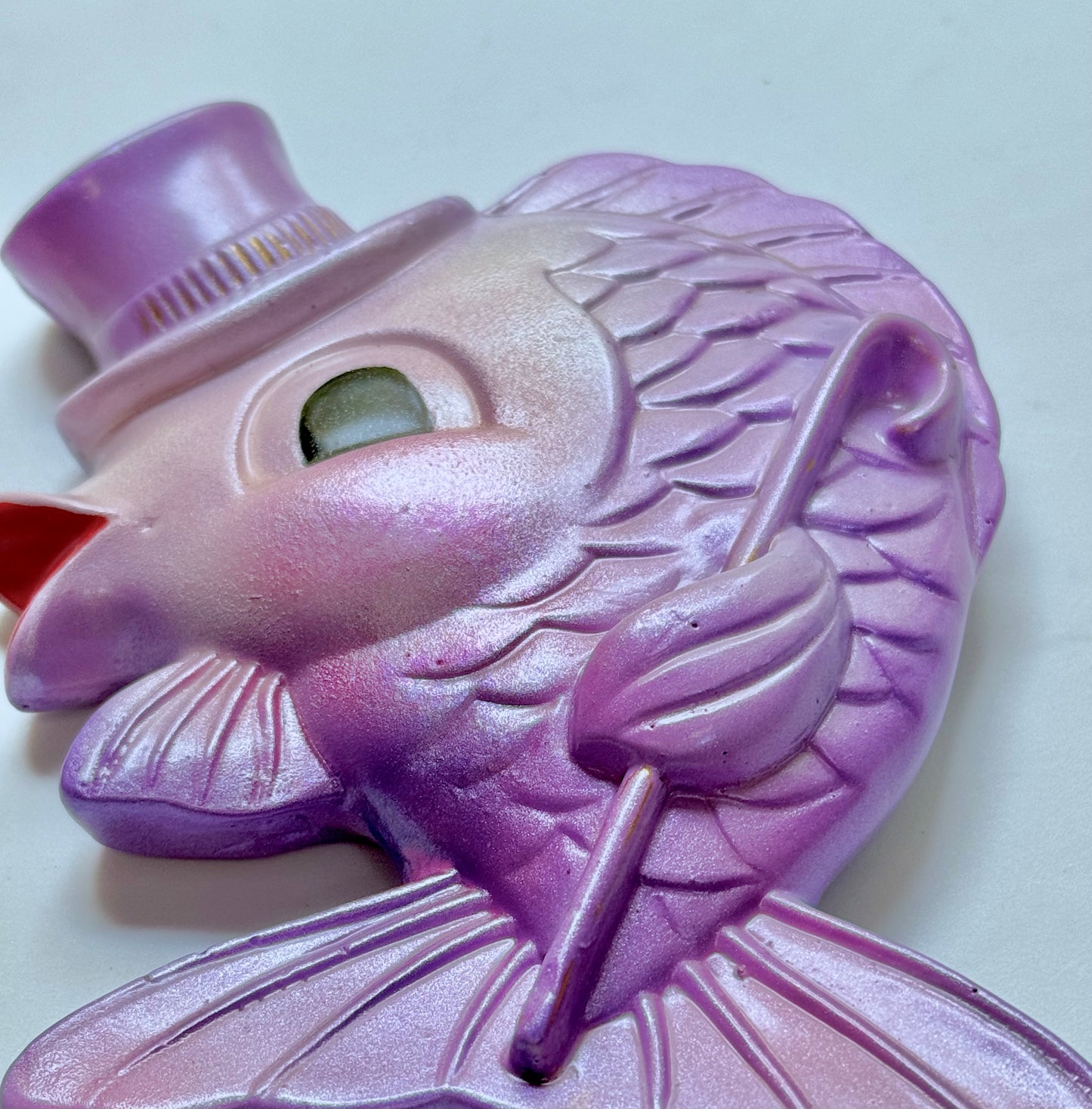 Kitschy Purple & Pink Anthropomorphic Vintage Style Chalkware Fish Wall Plaques of Mr & Mrs Fish