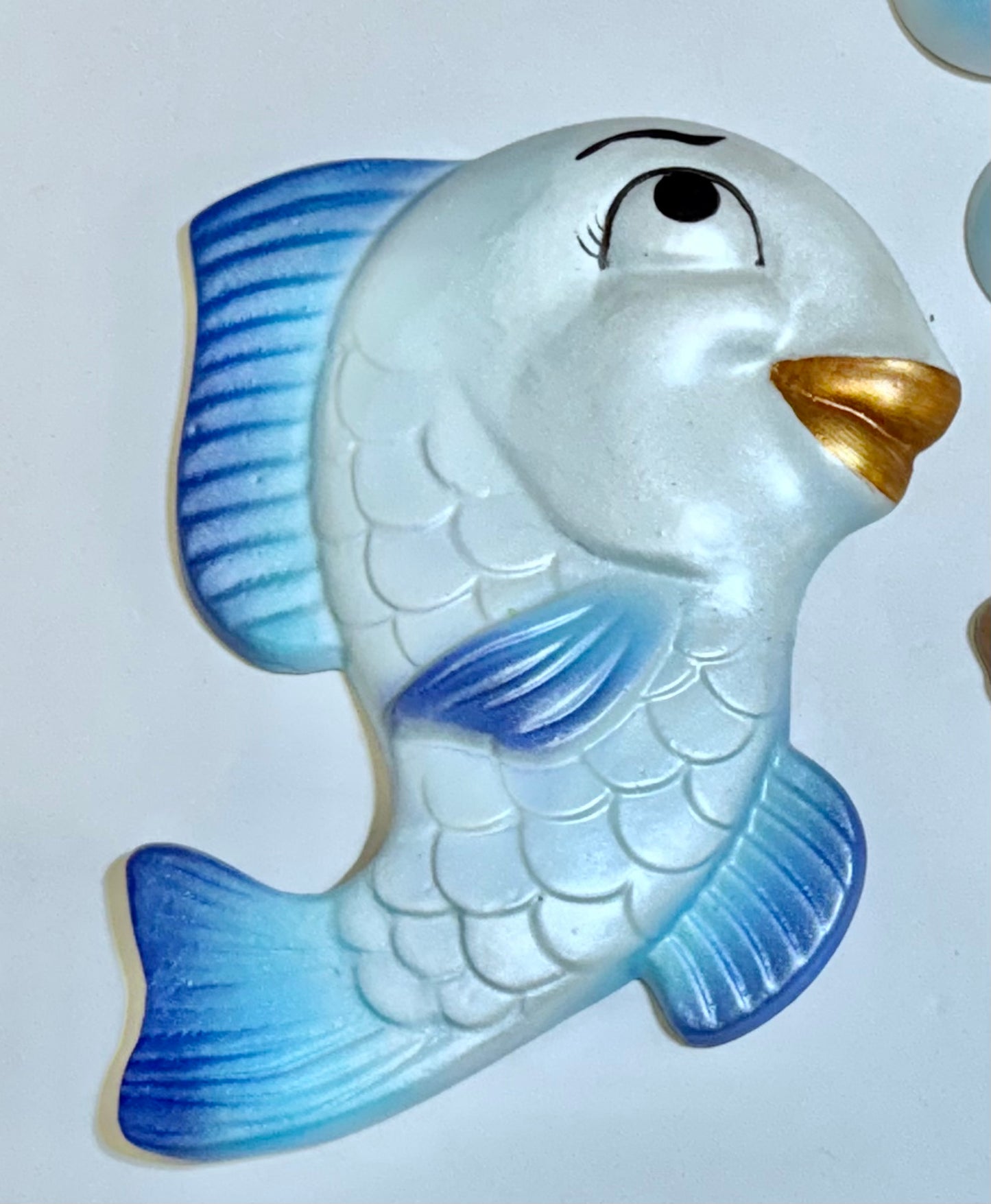 Anthropomorphic Blue Chalkware Fish & Bubbles-- Fun Kitschy Decor