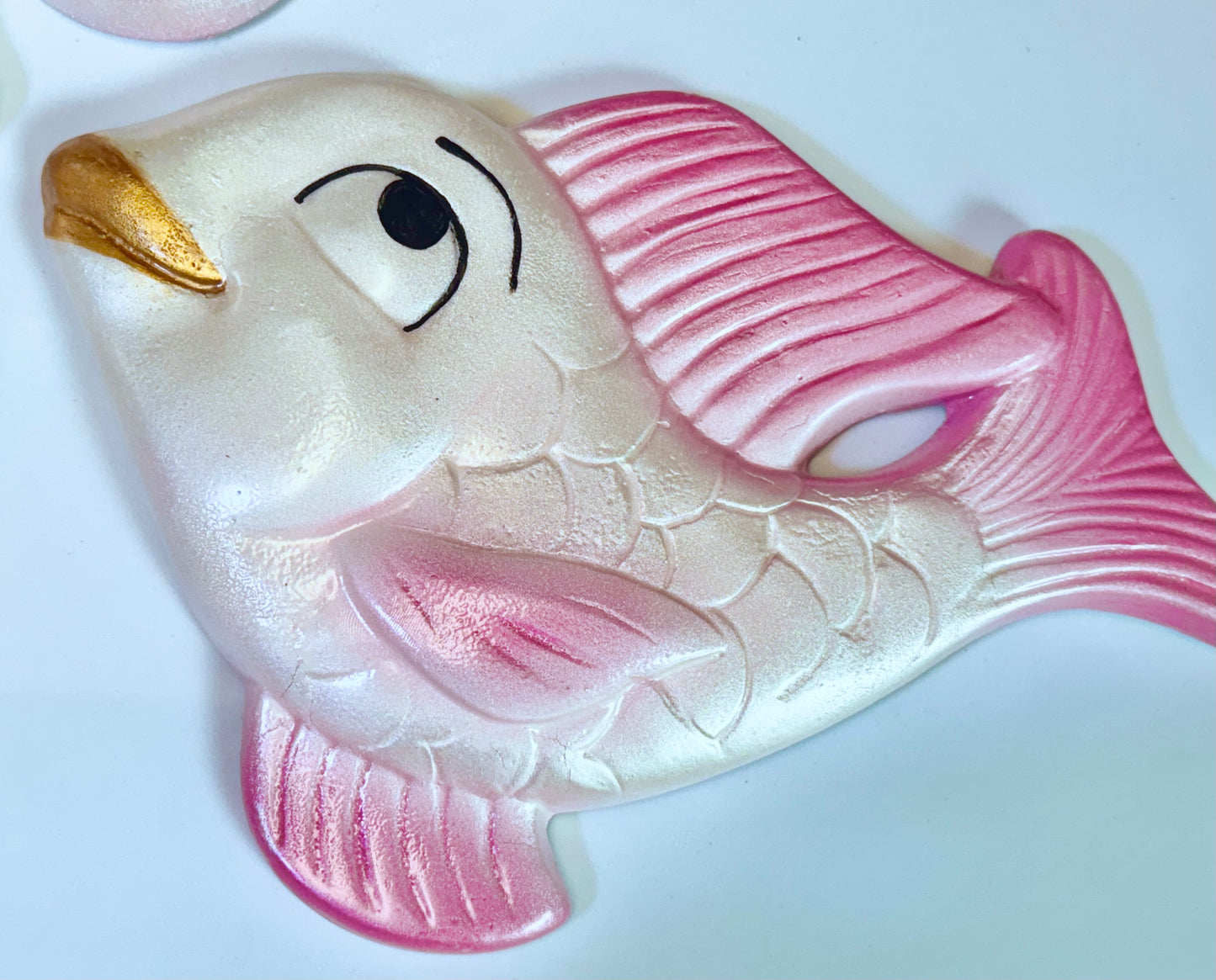 Large Pink Chalkware Fish & Bubble Kitschy Anthropomorphic Wall Plaques