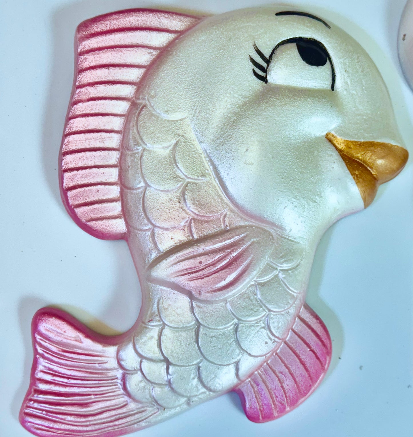 Large Pink Chalkware Fish & Bubble Kitschy Anthropomorphic Wall Plaques