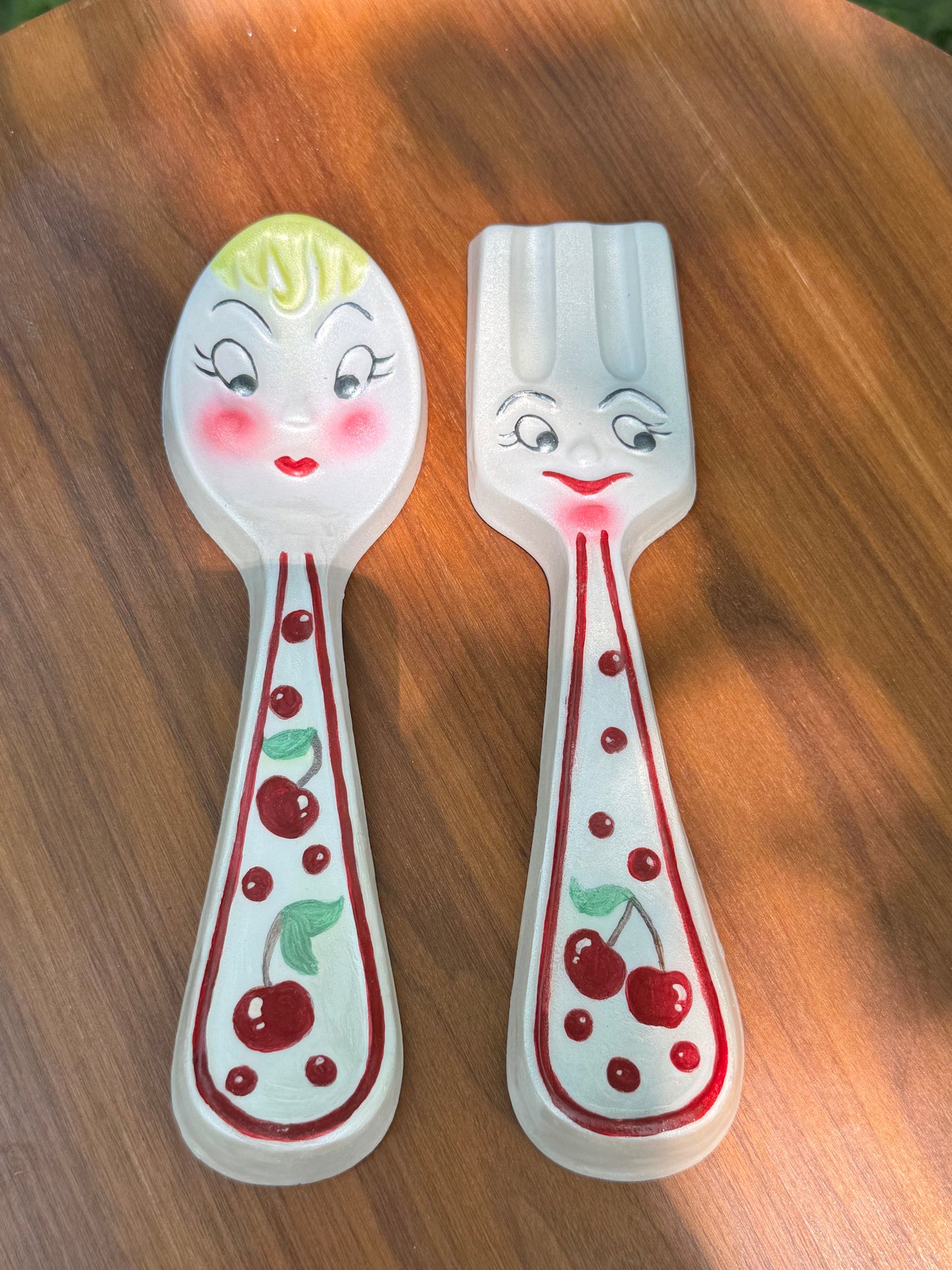 Cute Vintage Style Anthropomorphic Fork & Spoon with Handpainted Cherry Design