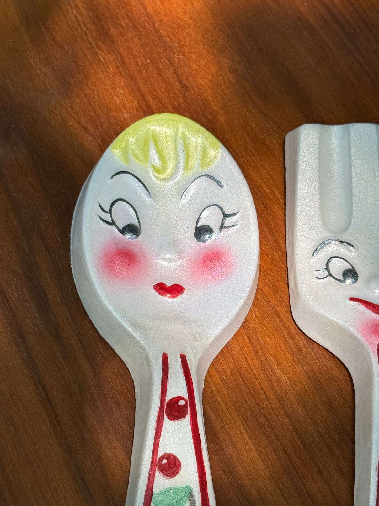 Cute Vintage Style Anthropomorphic Fork & Spoon with Handpainted Cherry Design
