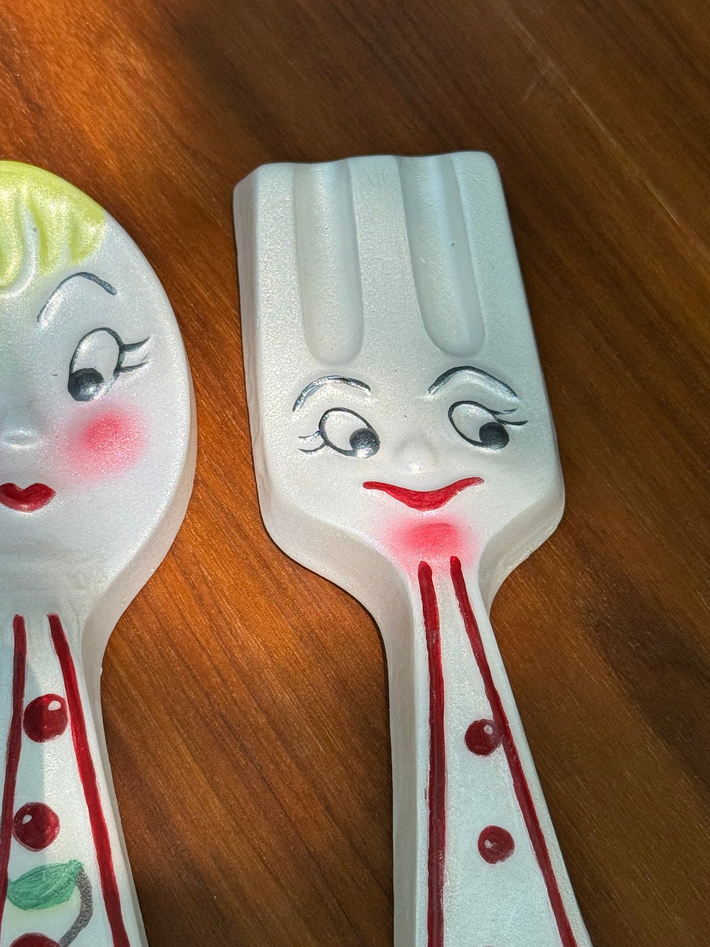 Cute Vintage Style Anthropomorphic Fork & Spoon with Handpainted Cherry Design