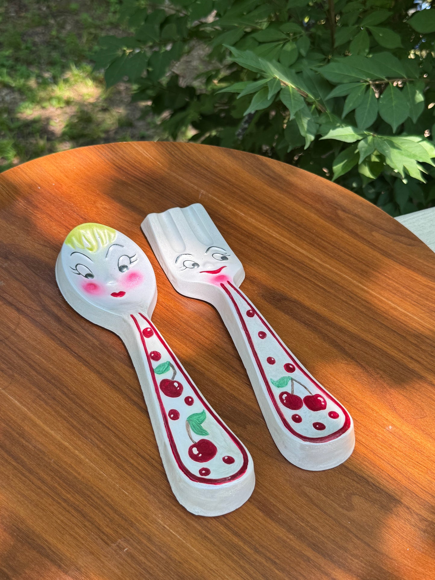 Cute Vintage Style Anthropomorphic Fork & Spoon with Handpainted Cherry Design