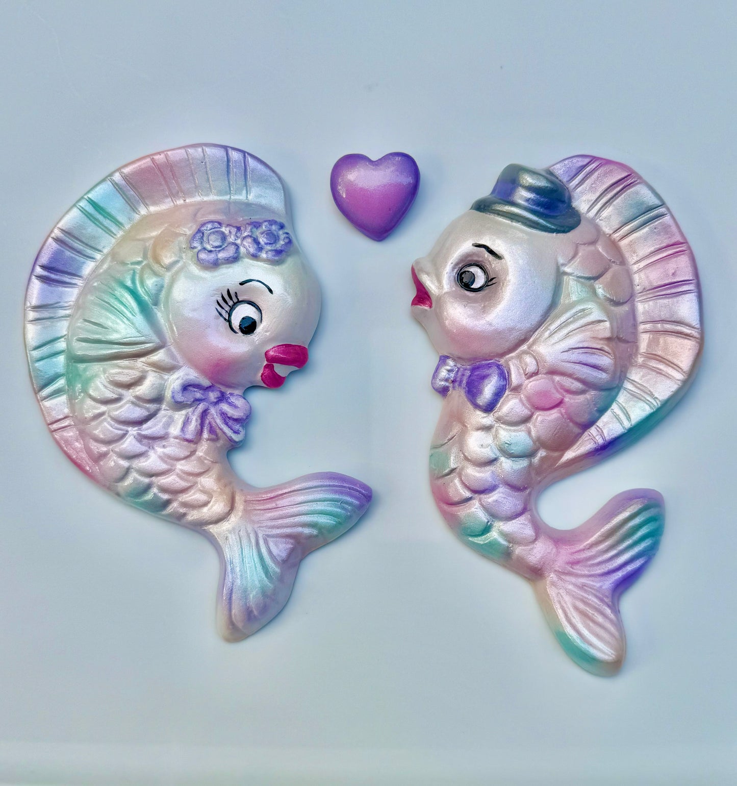 Retro Vibe Pastel Mr & Mrs Kissing Fish Chalkware Wall Plaques