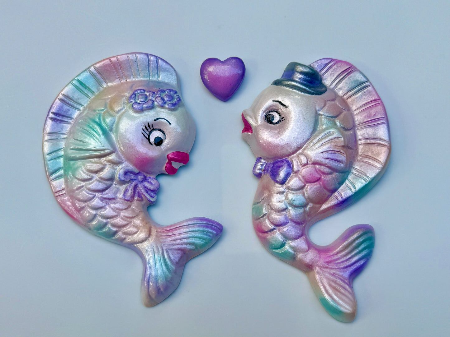Retro Vibe Pastel Mr & Mrs Kissing Fish Chalkware Wall Plaques