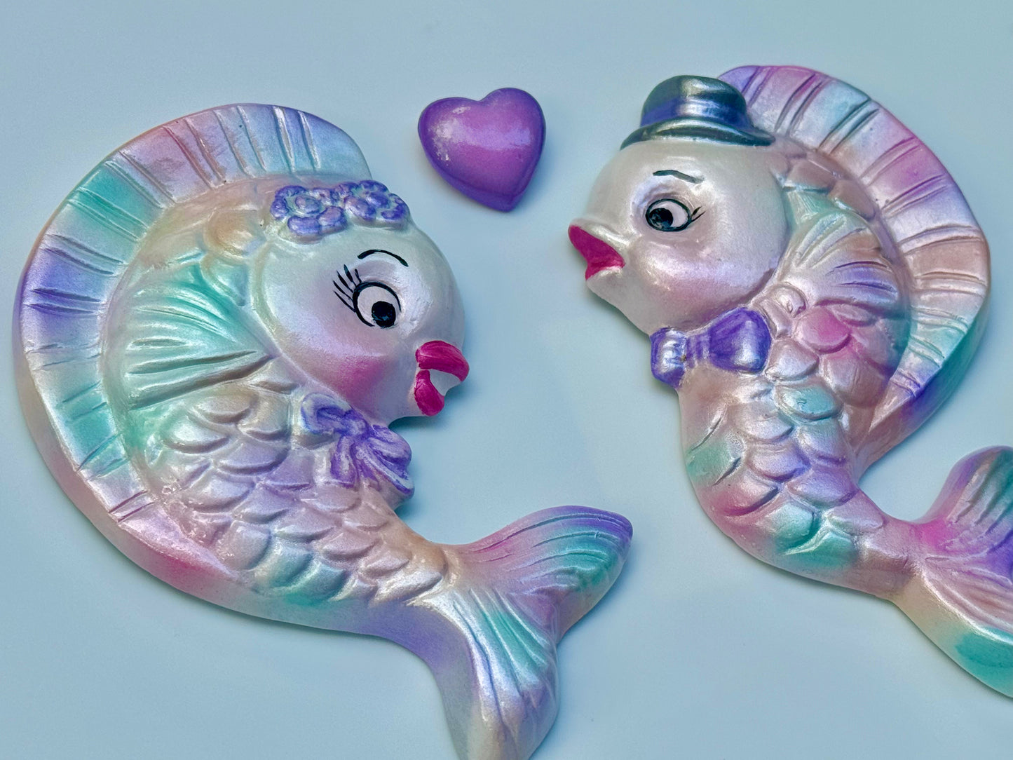 Retro Vibe Pastel Mr & Mrs Kissing Fish Chalkware Wall Plaques