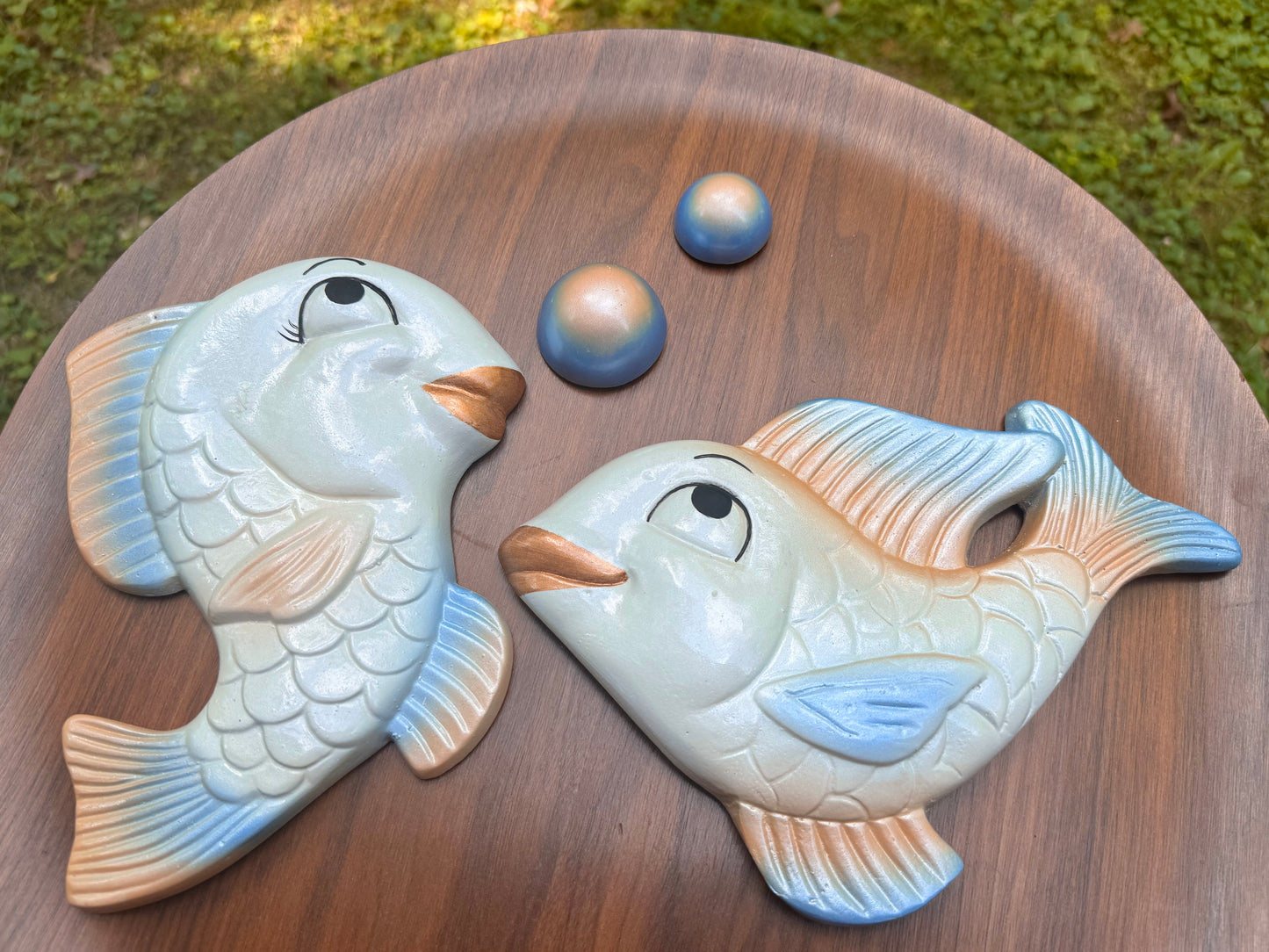 Pastel Blue & Peach Chalkware Fish Wall Plaques – Retro Mid-Century Bathroom Decor
