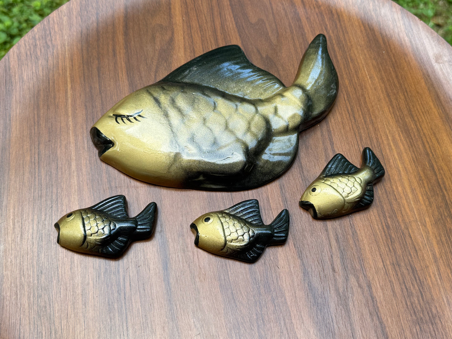 Black & Gold Chalkware Mom & Baby Fish Wall Plaques
