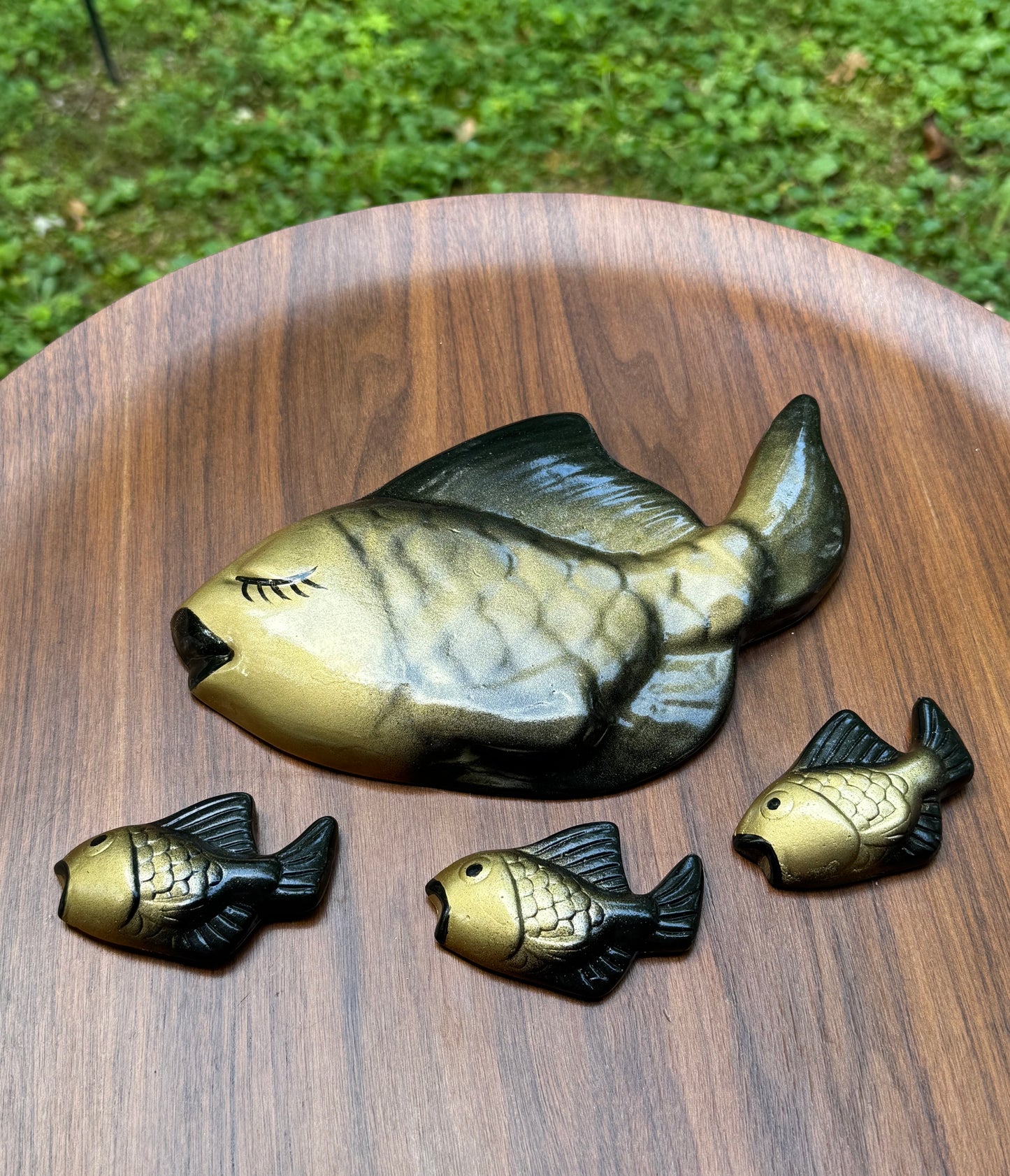 Black & Gold Chalkware Mom & Baby Fish Wall Plaques