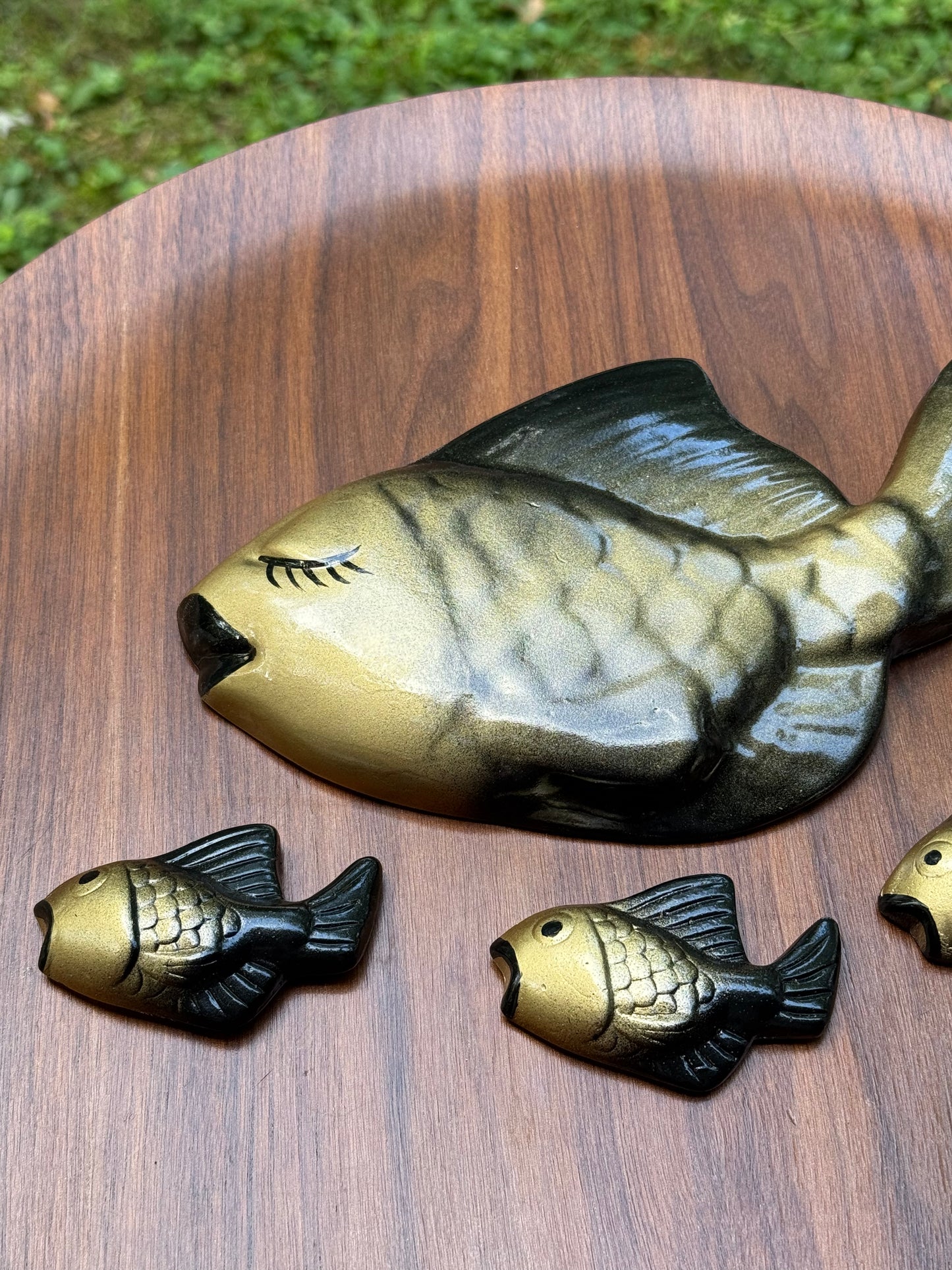 Black & Gold Chalkware Mom & Baby Fish Wall Plaques