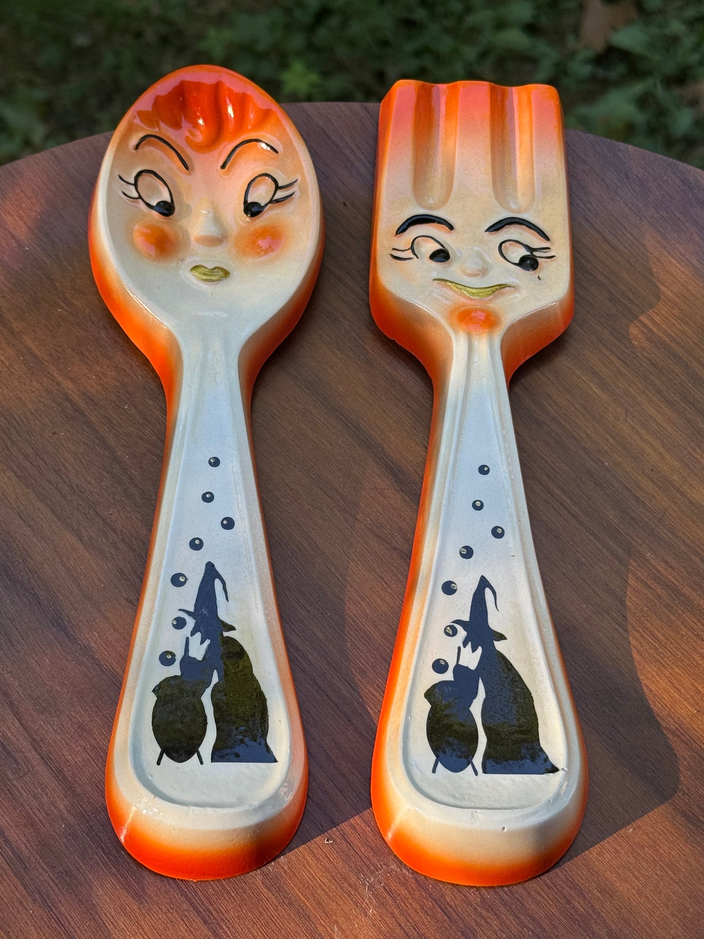 Halloween Themed Chalkware Fork & Spoon Wall Plaques Featuring Handpainted Witch