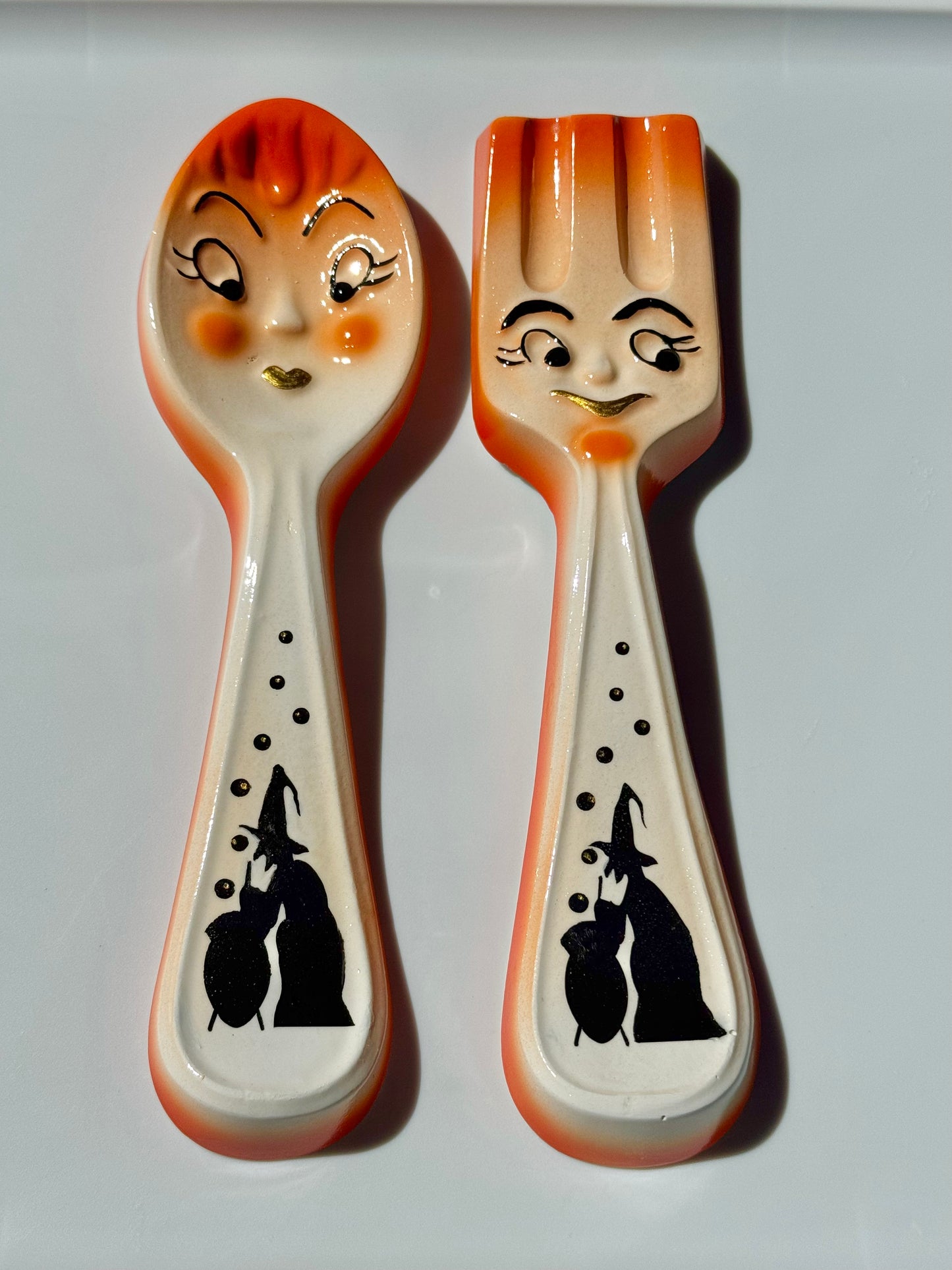 Halloween Themed Chalkware Fork & Spoon Wall Plaques Featuring Handpainted Witch