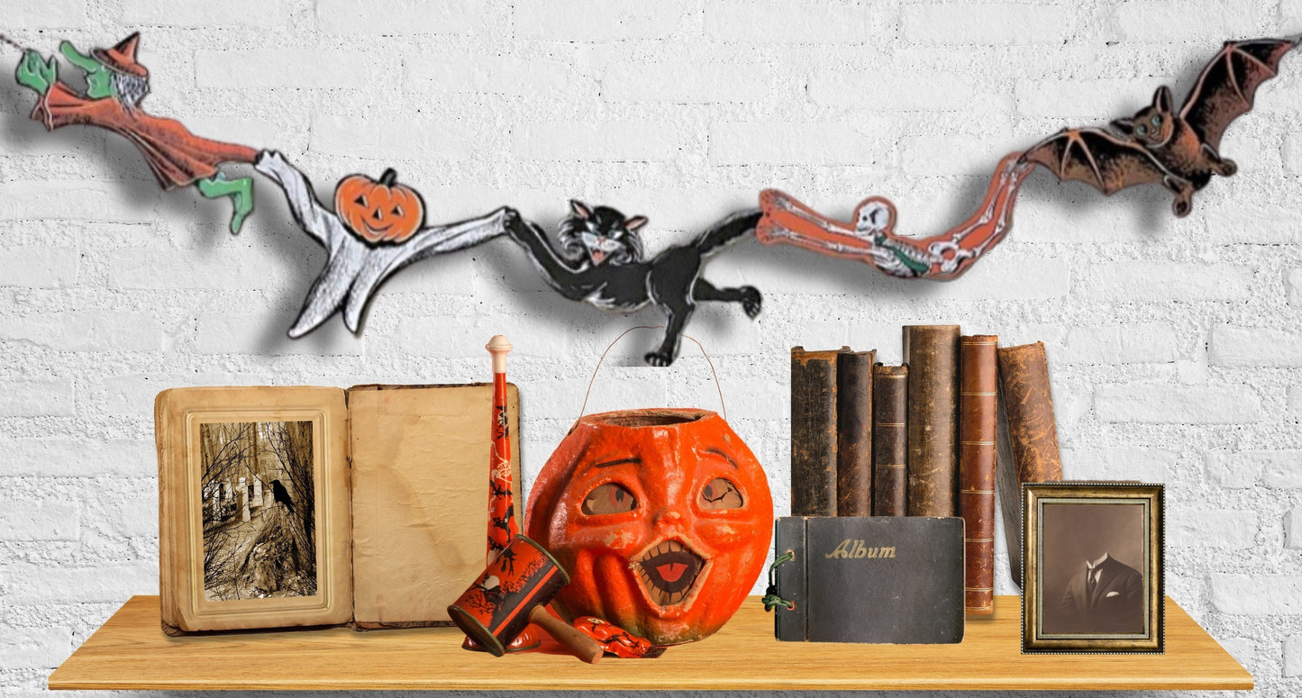 Vintage Style Figural Halloween Banner, Beistle Insp Halloween Garland, Moveable Antique Halloween Figure Bunting