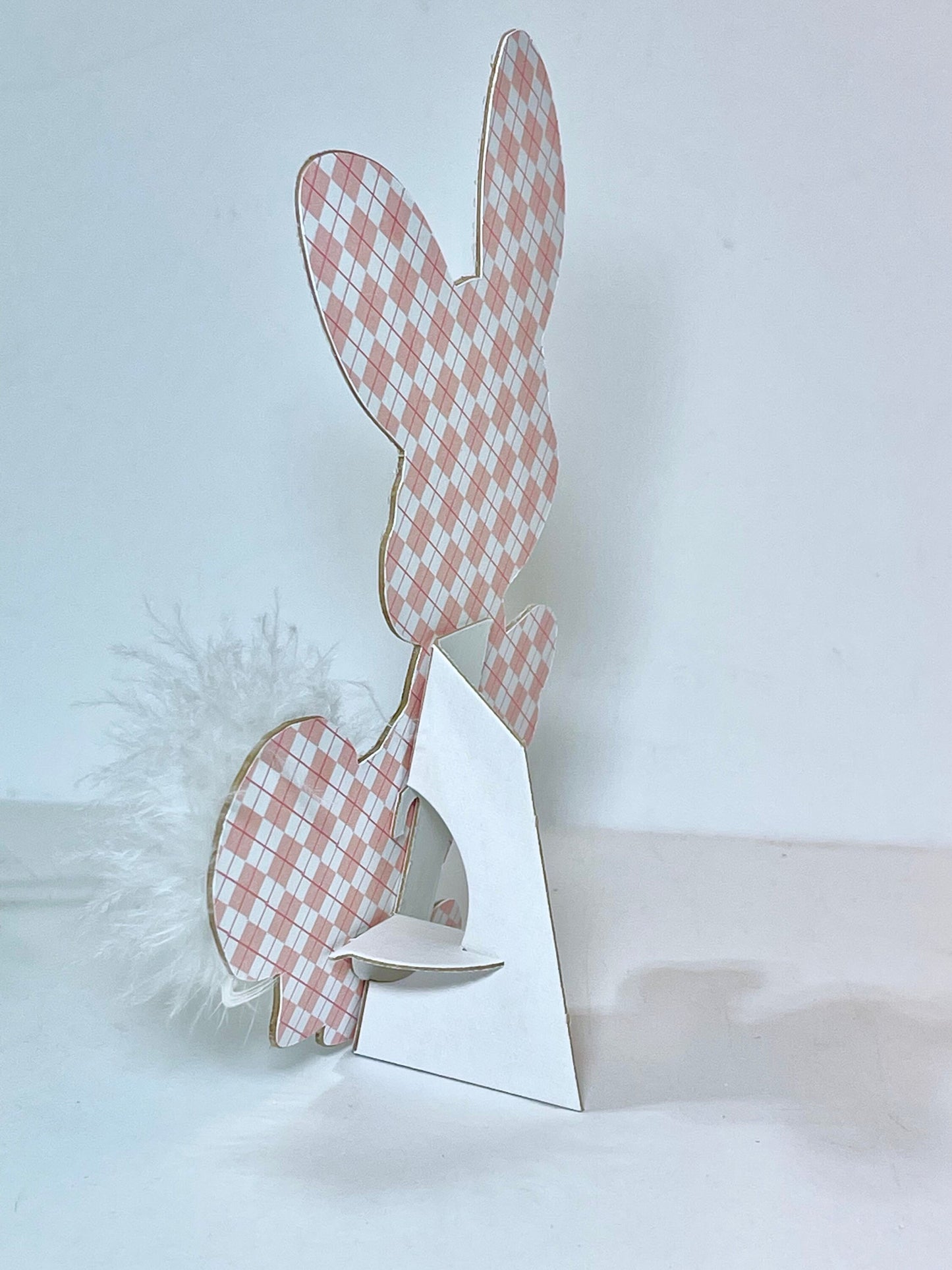 Handmade Easter Bunny Standee Decor w/ Fluffy Tail & Glitter, Cute Spring Shelf Sitter Decor