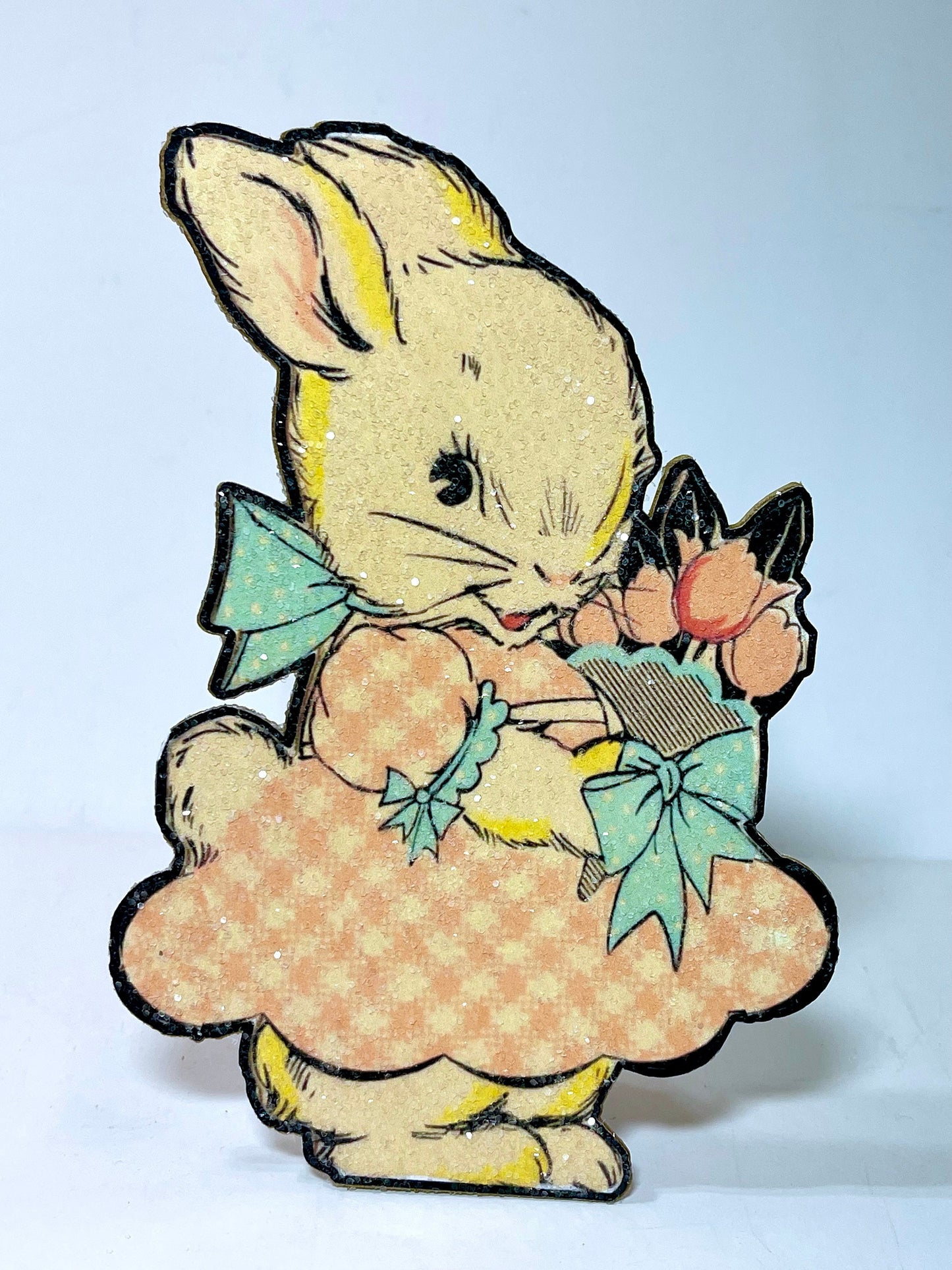Handmade Easter Bunny Standee Decor w/ Fluffy Tail & Glitter, Cute Spring Shelf Sitter Decor
