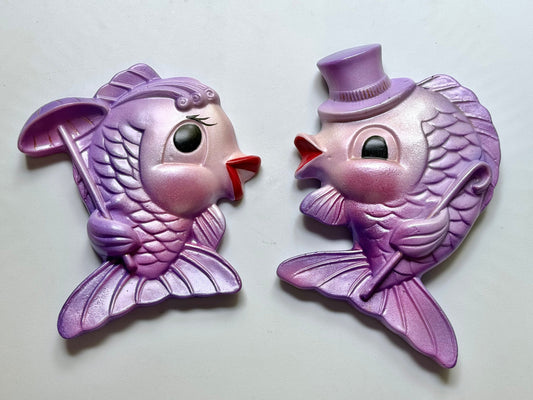 Kitschy Purple Vintage Style Chalkware Fish Wall Plaques of Mr & Mrs Fish