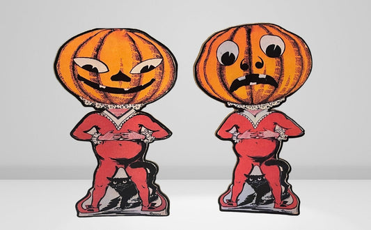 Antique Insp Halloween Pumpkin Head Shelf Sitters, Vintage Halloween Mantle Decor Standee, Pumpkin Mask Bookshelf Decor, Oddities Home Decor