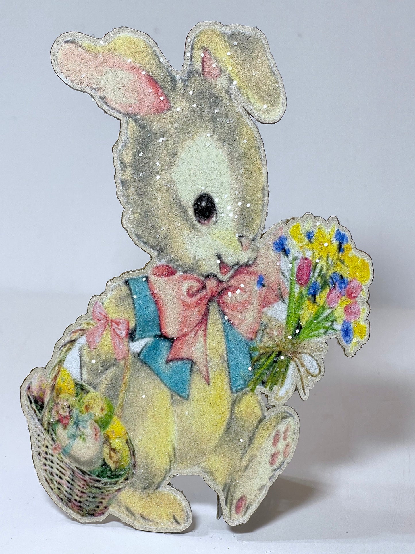 Handmade Easter Bunny Standee Decor w/ Fluffy Tail & Glitter, Cute Spring Shelf Sitter Decor