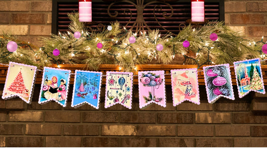 Pink Vintage Style Christmas Decor Banner/ Garland, Pastel Christmas, Handmade